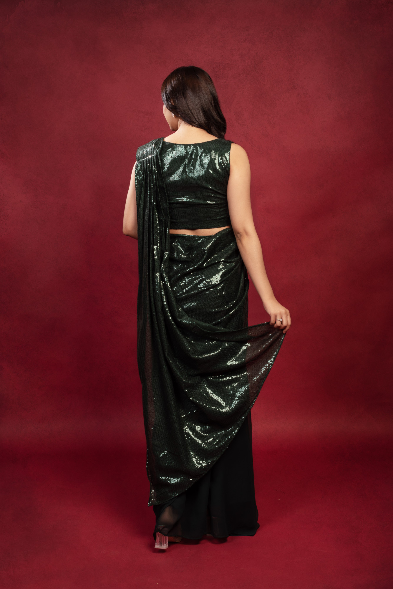 Dark Green Sequin Satin Ready to Wear Drape Saree