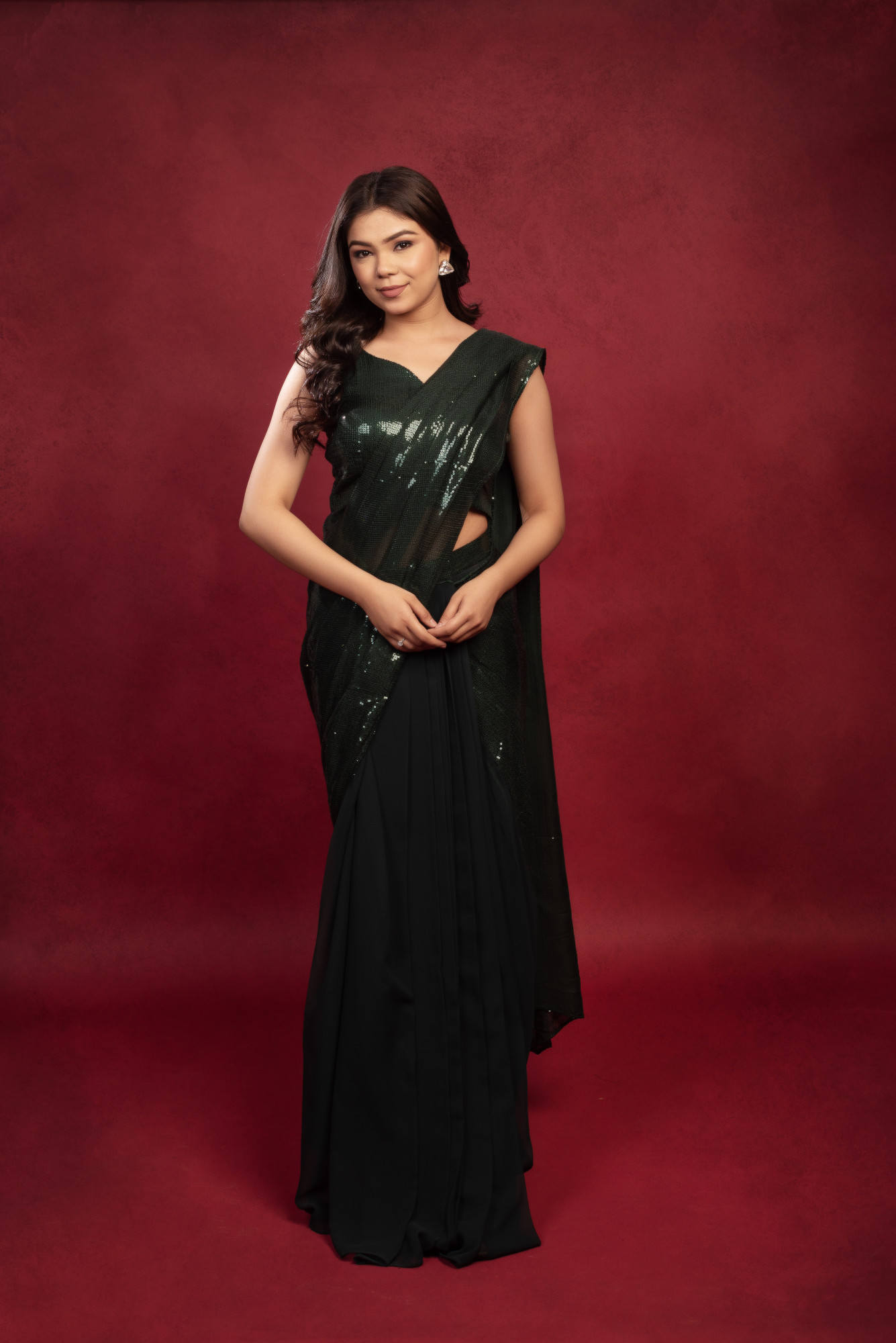 Dark Green Sequin Satin Ready to Wear Drape Saree