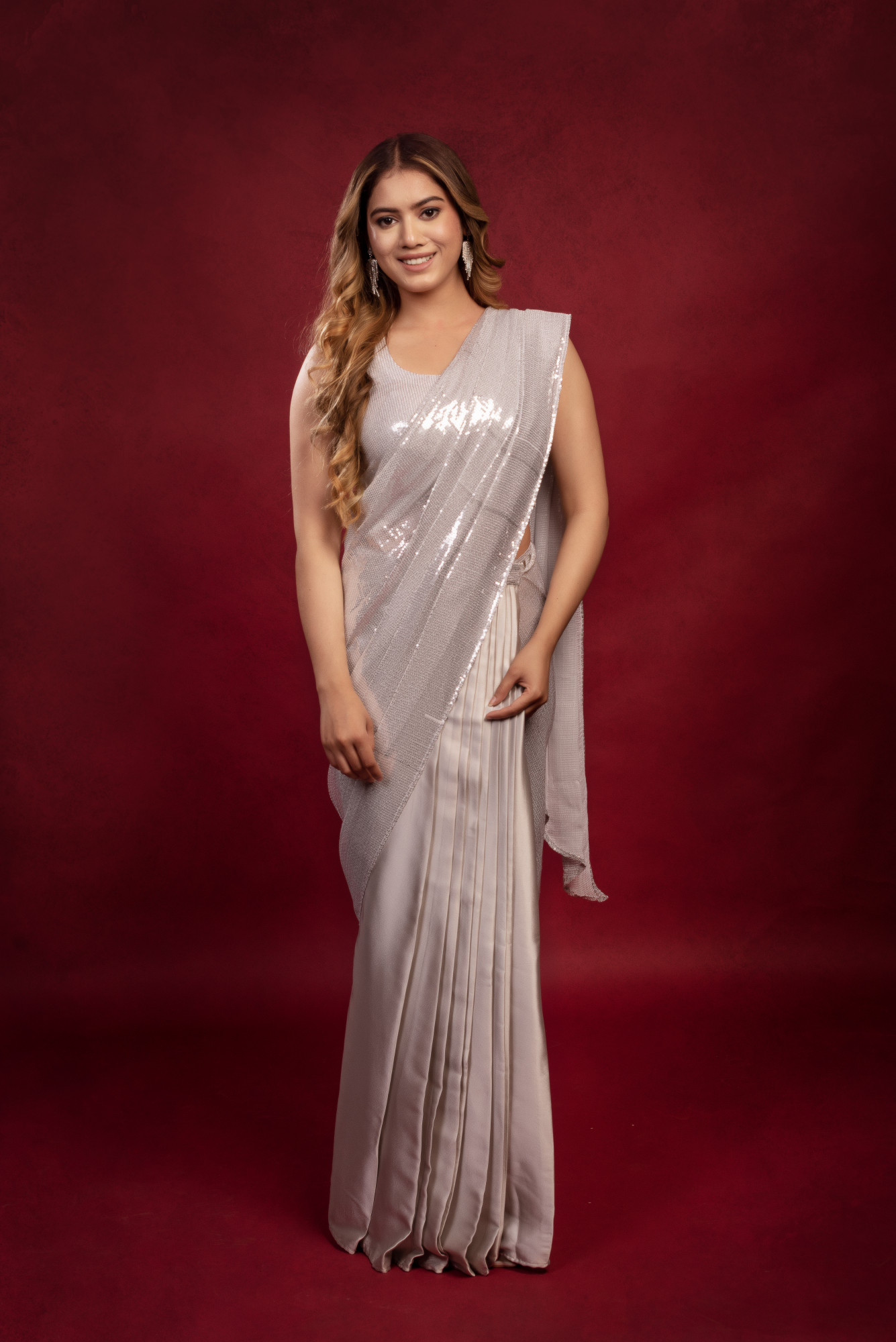 Smoke Grey Sequin Satin Ready to Wear Drape Saree