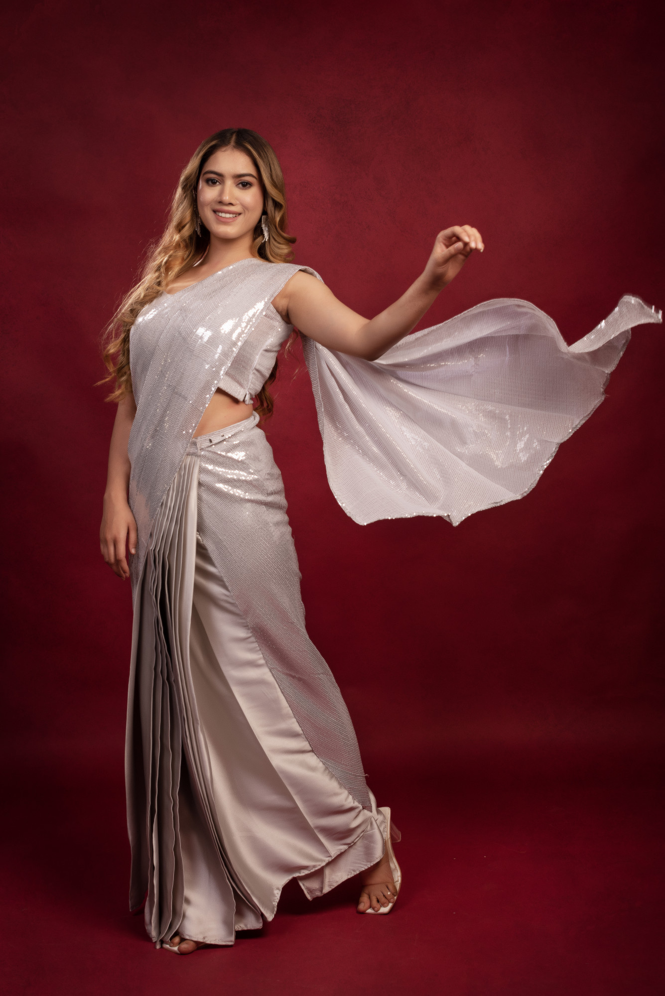 Smoke Grey Sequin Satin Ready to Wear Drape Saree