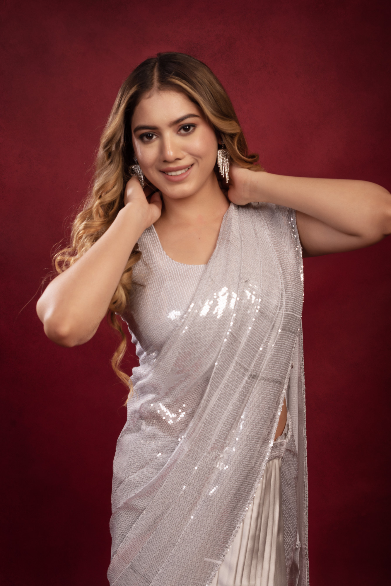 Smoke Grey Sequin Satin Ready to Wear Drape Saree