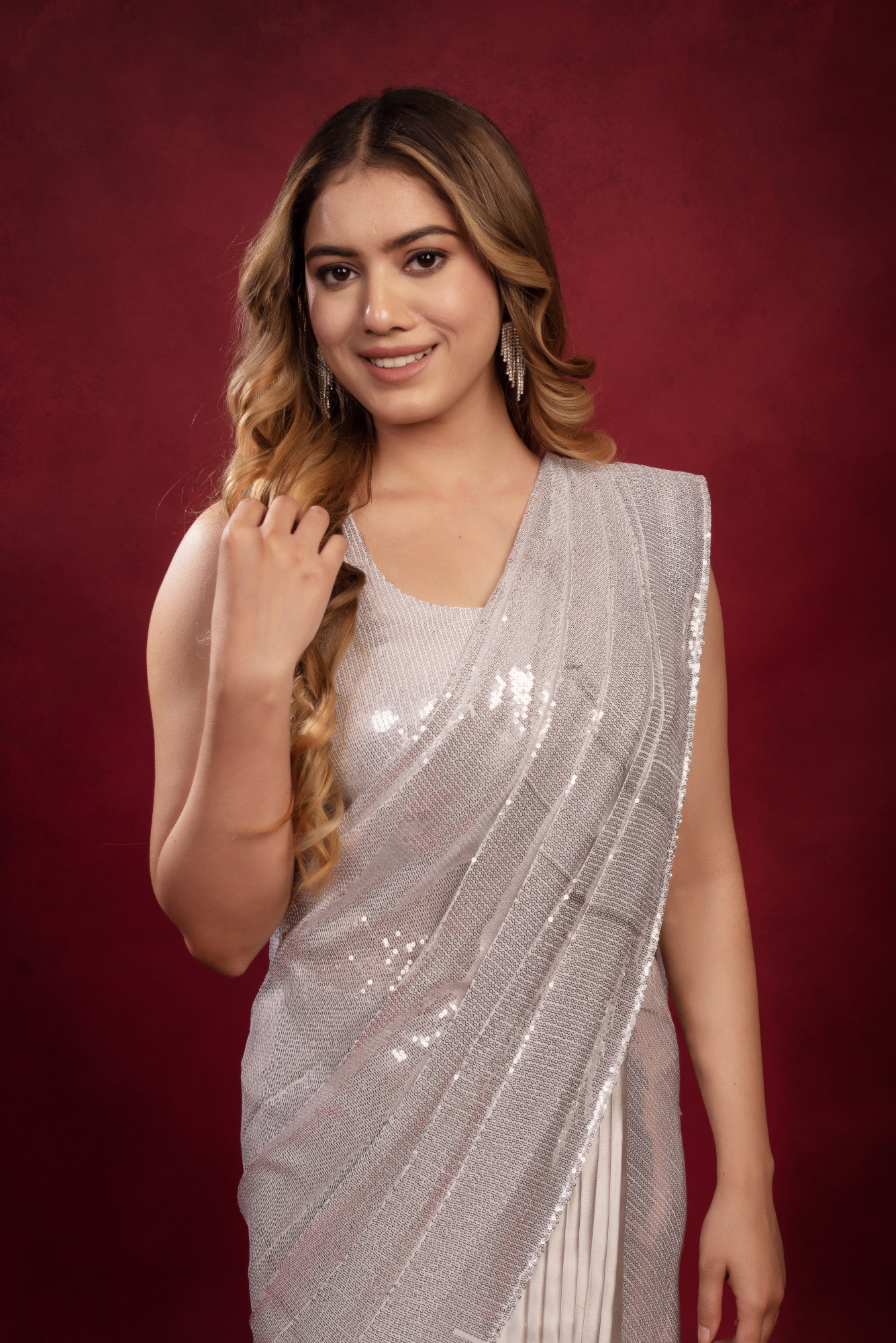 Smoke Grey Sequin Satin Ready to Wear Drape Saree