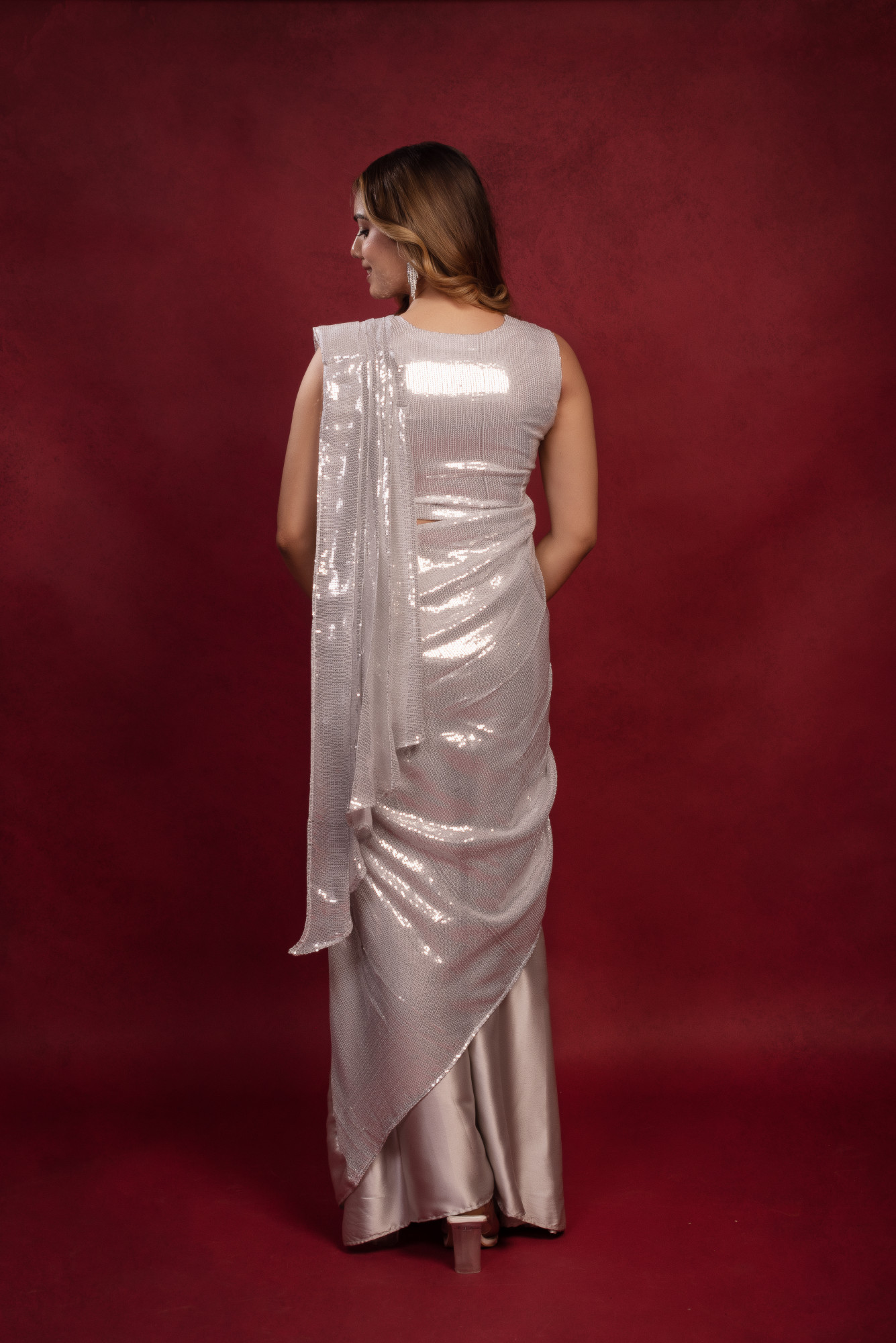 Smoke Grey Sequin Satin Ready to Wear Drape Saree