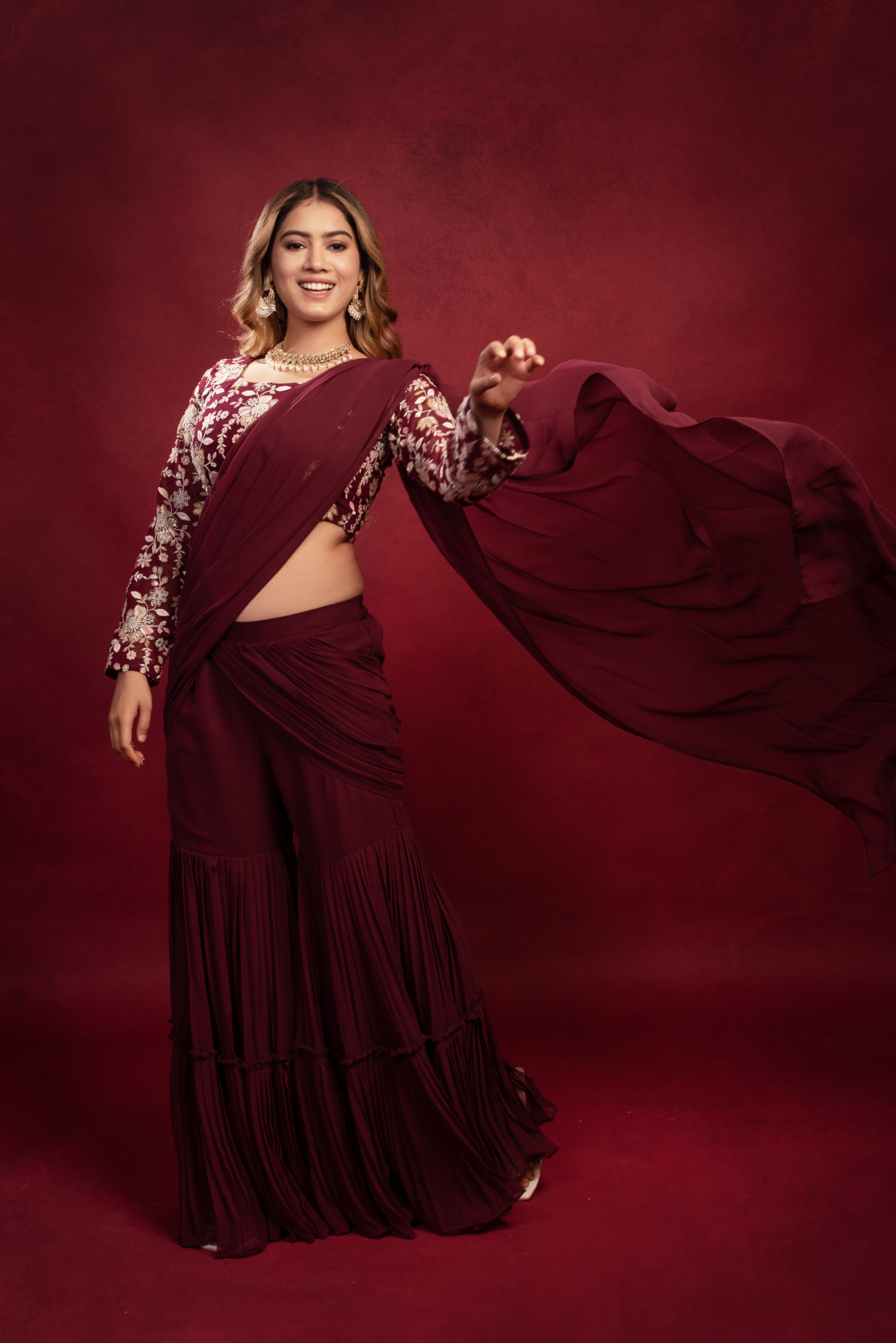 Wine Embroidered Sharara Saree Set