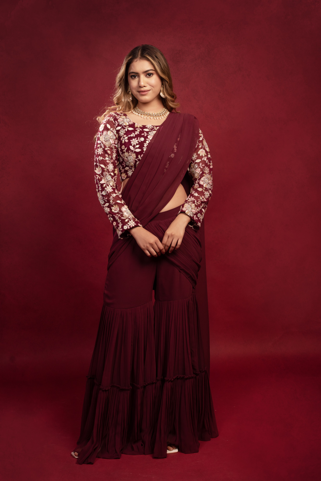 Wine Embroidered Sharara Saree Set