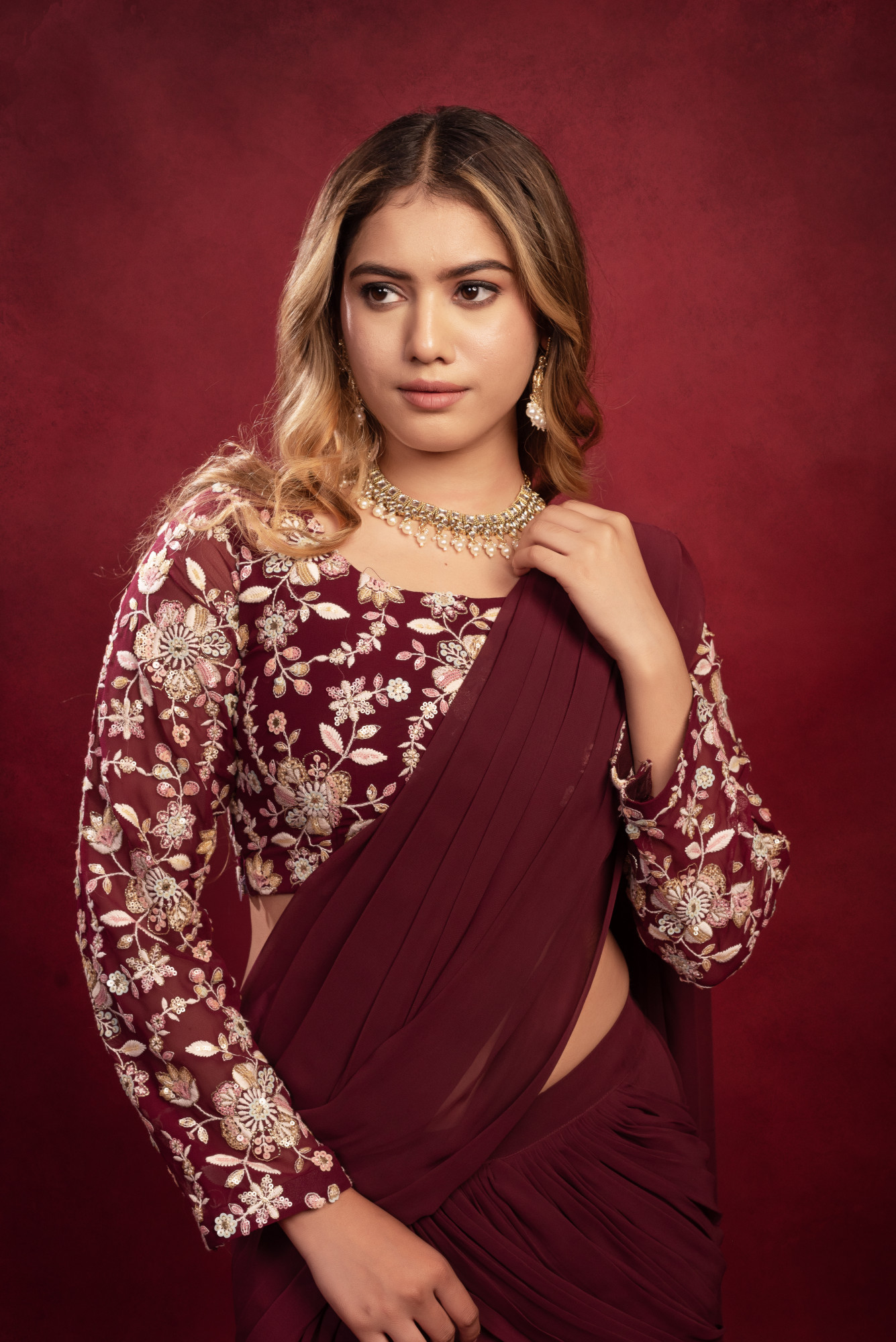 Wine Embroidered Sharara Saree Set