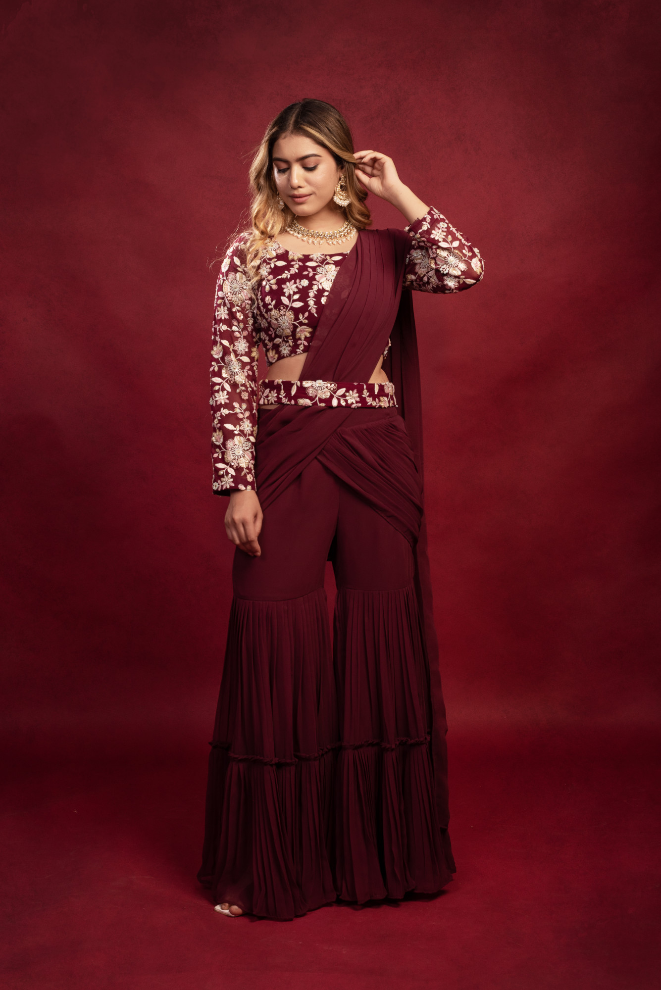 Wine Embroidered Sharara Saree Set