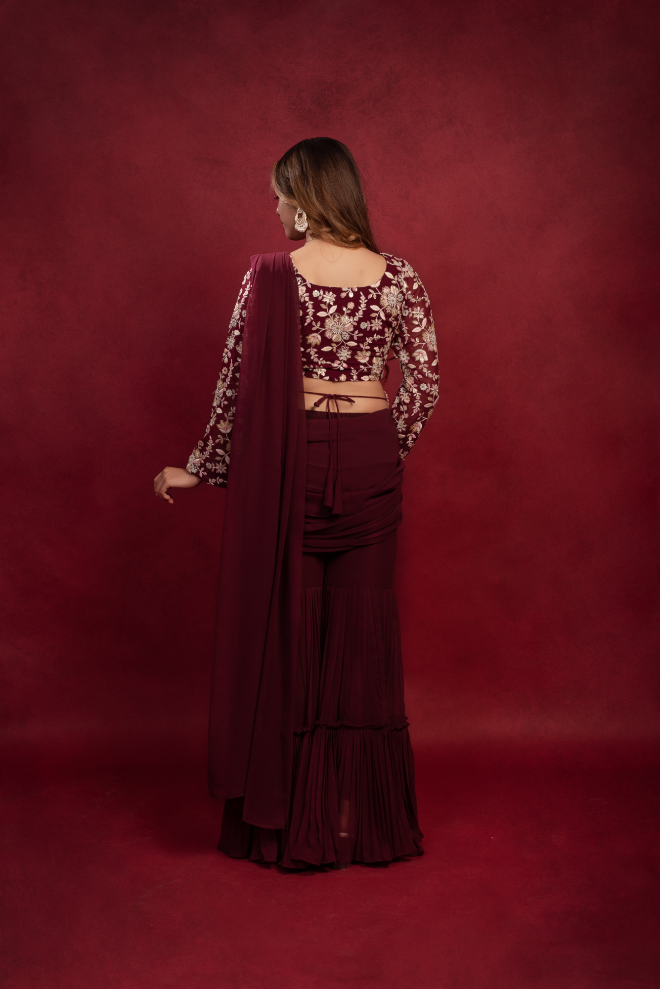 Wine Embroidered Sharara Saree Set