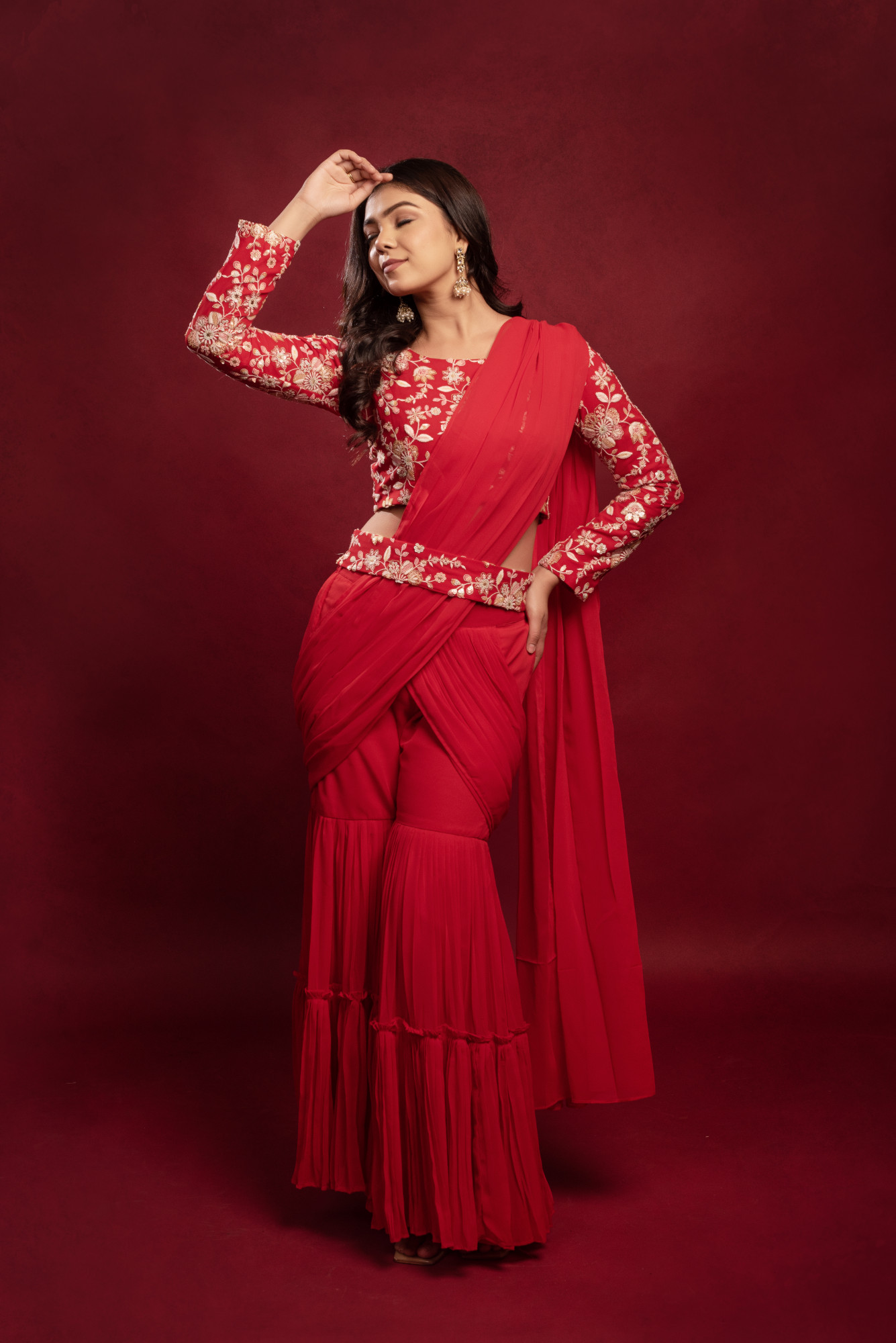 Red Embroidered Sharara Saree Set