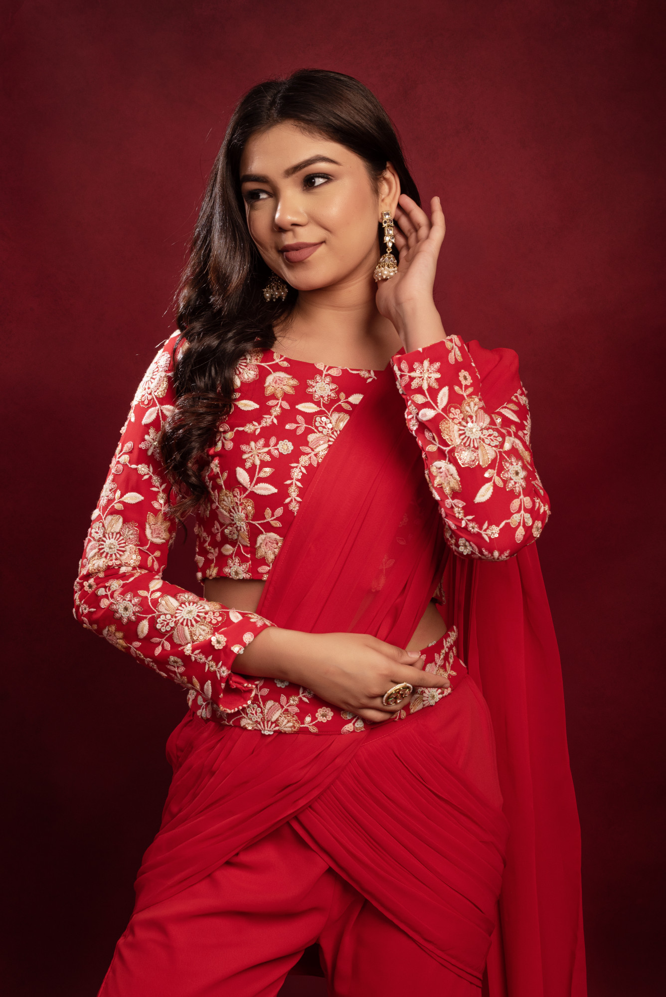 Red Embroidered Sharara Saree Set