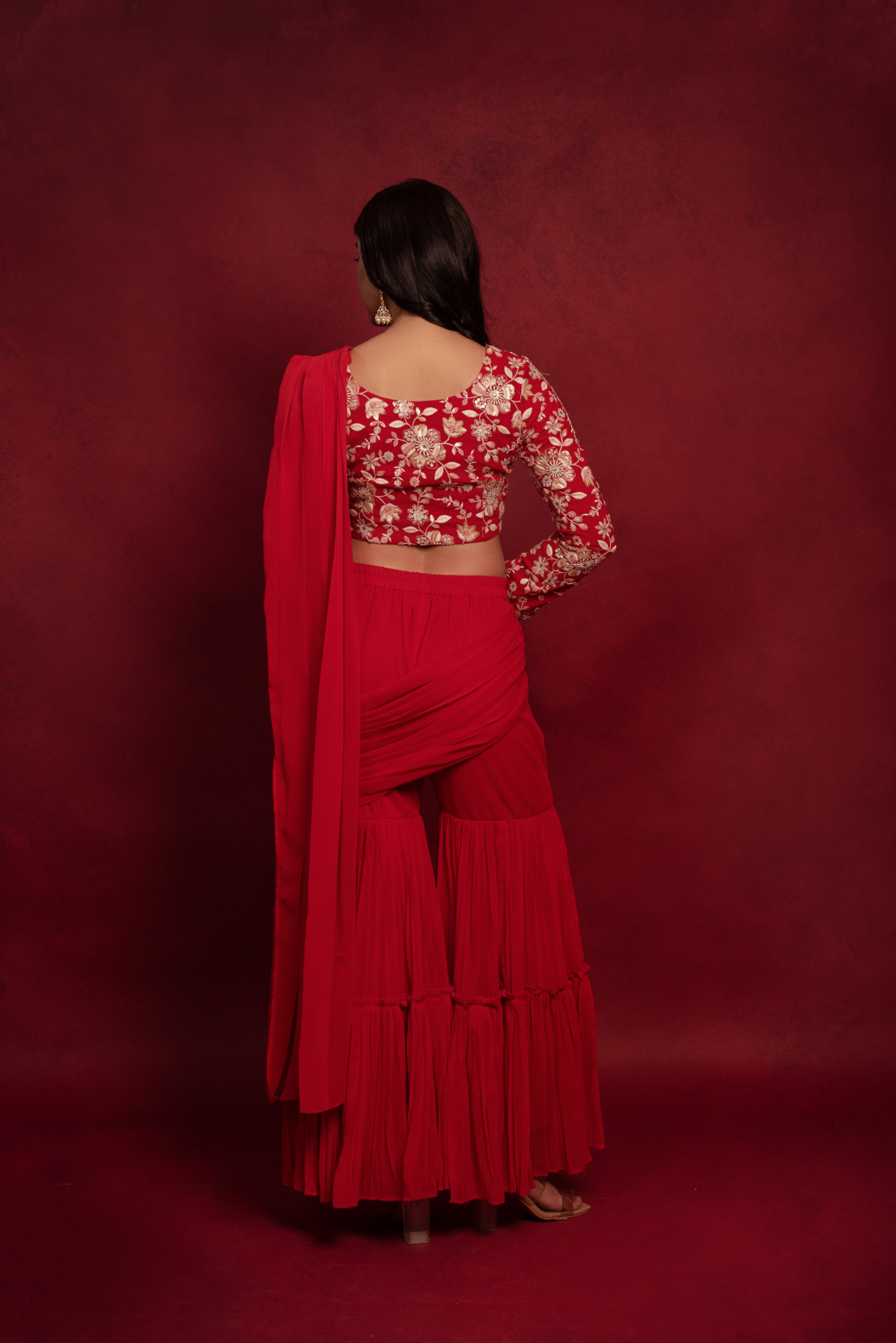 Red Embroidered Sharara Saree Set