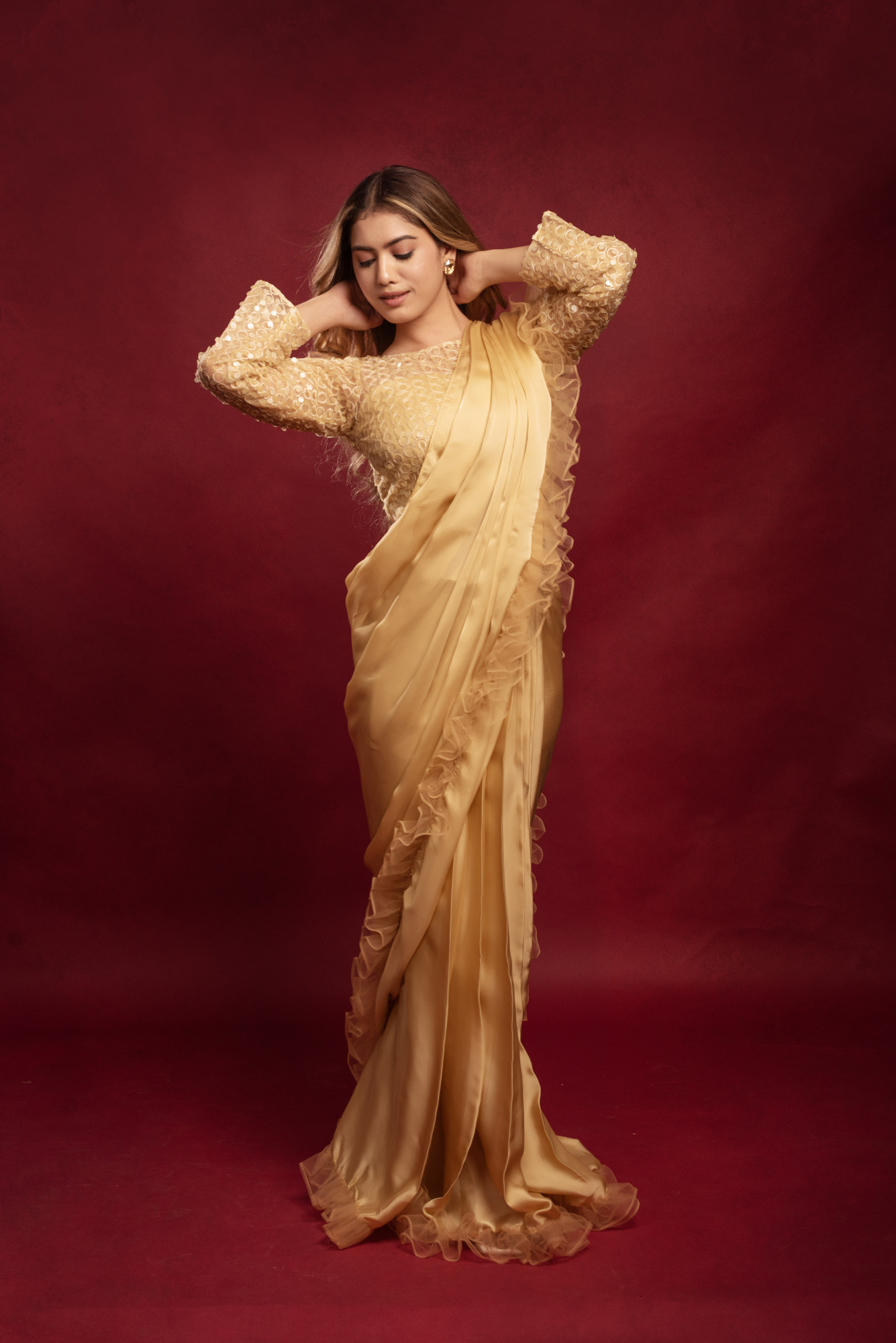 Death Valley Beige Frill Drape Saree Set