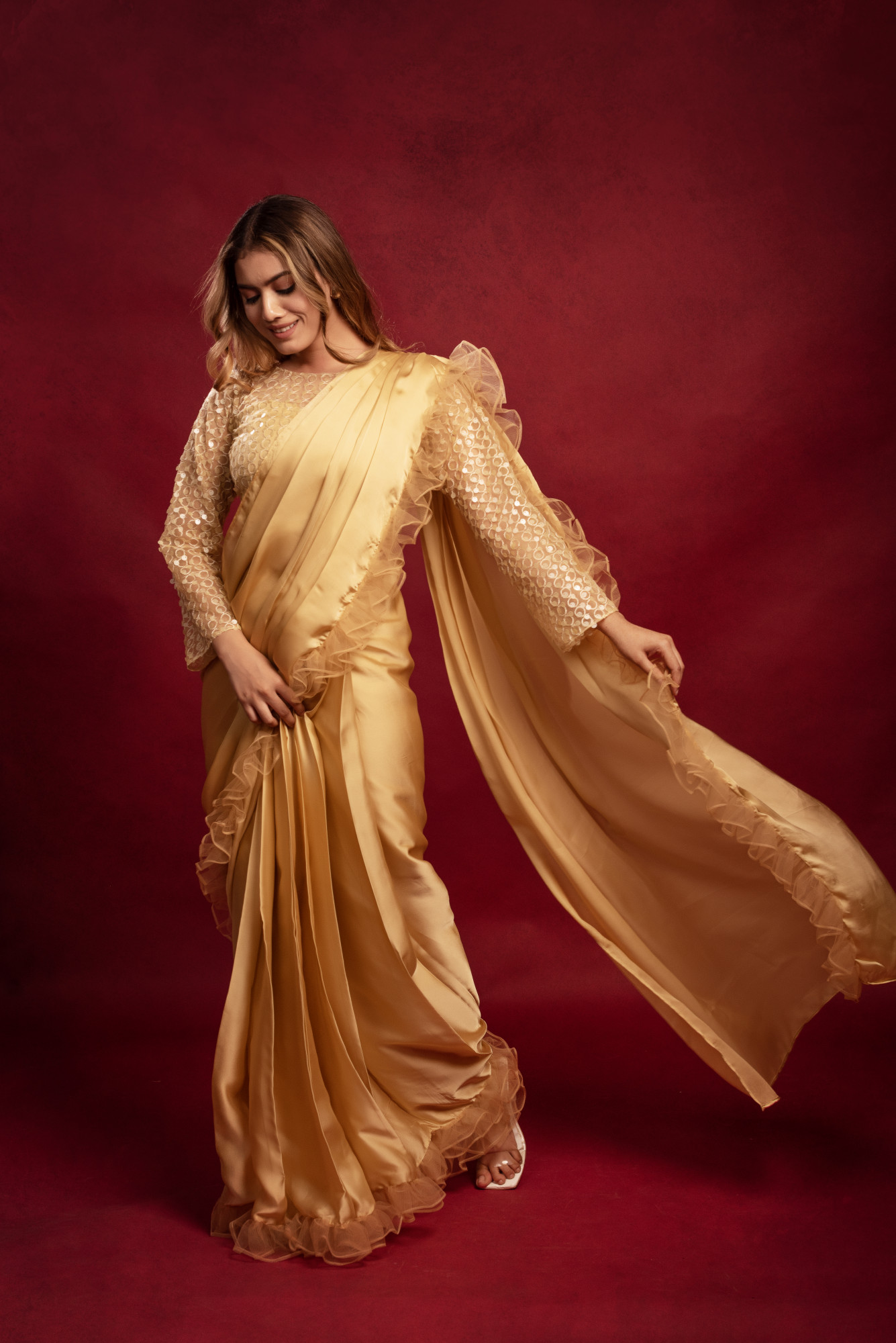 Death Valley Beige Frill Drape Saree Set