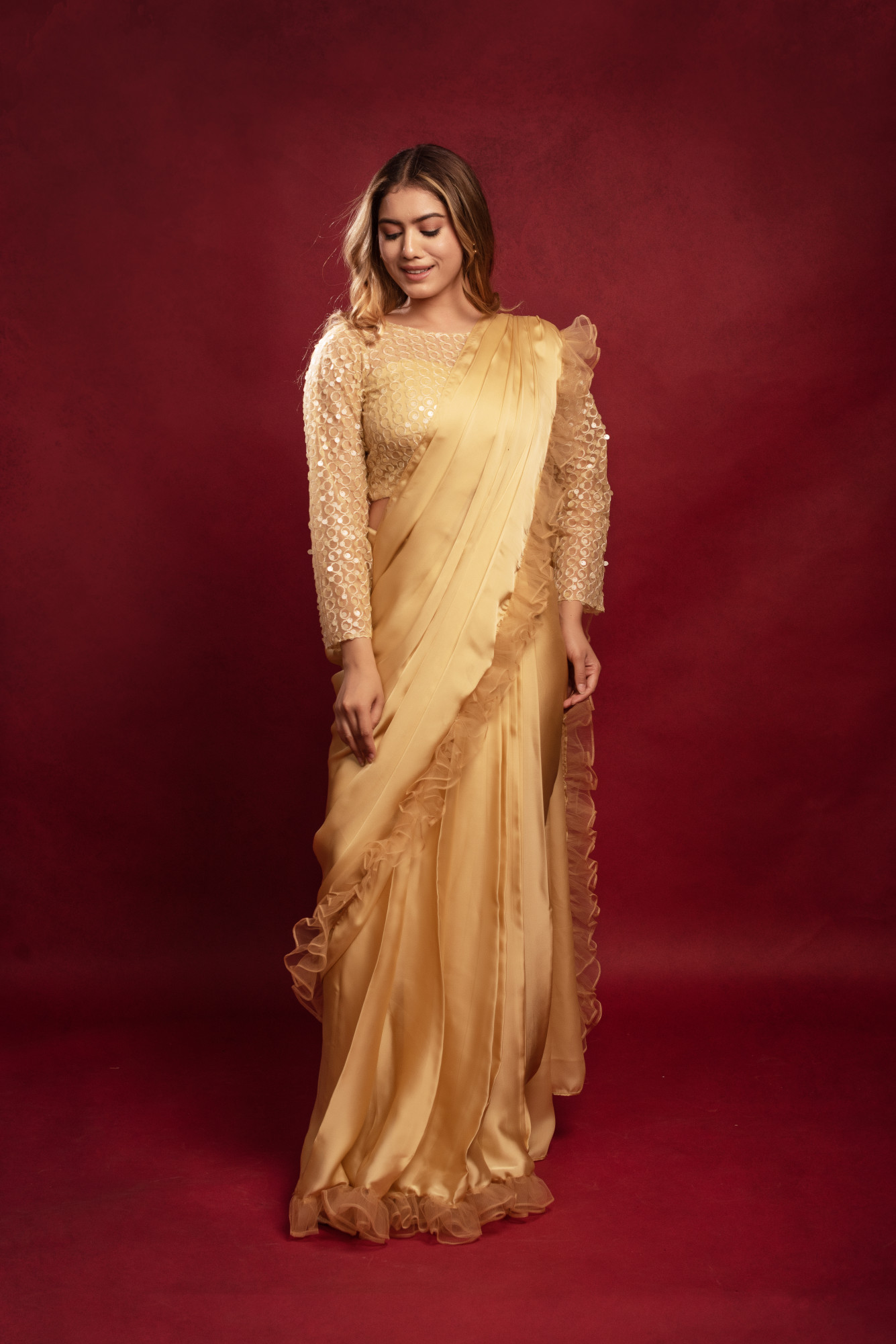 Death Valley Beige Frill Drape Saree Set