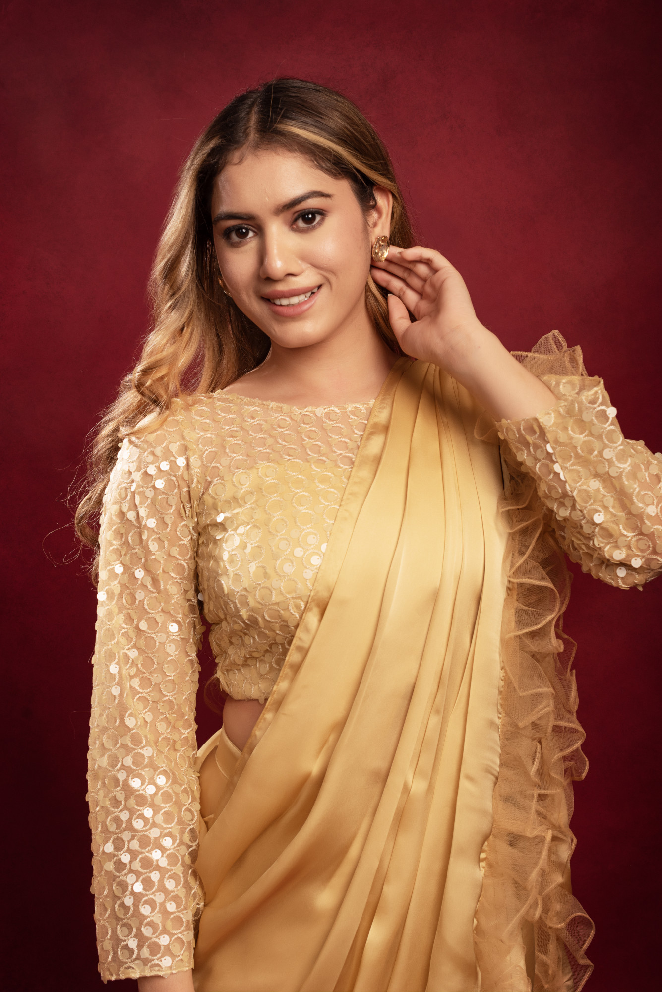 Death Valley Beige Frill Drape Saree Set