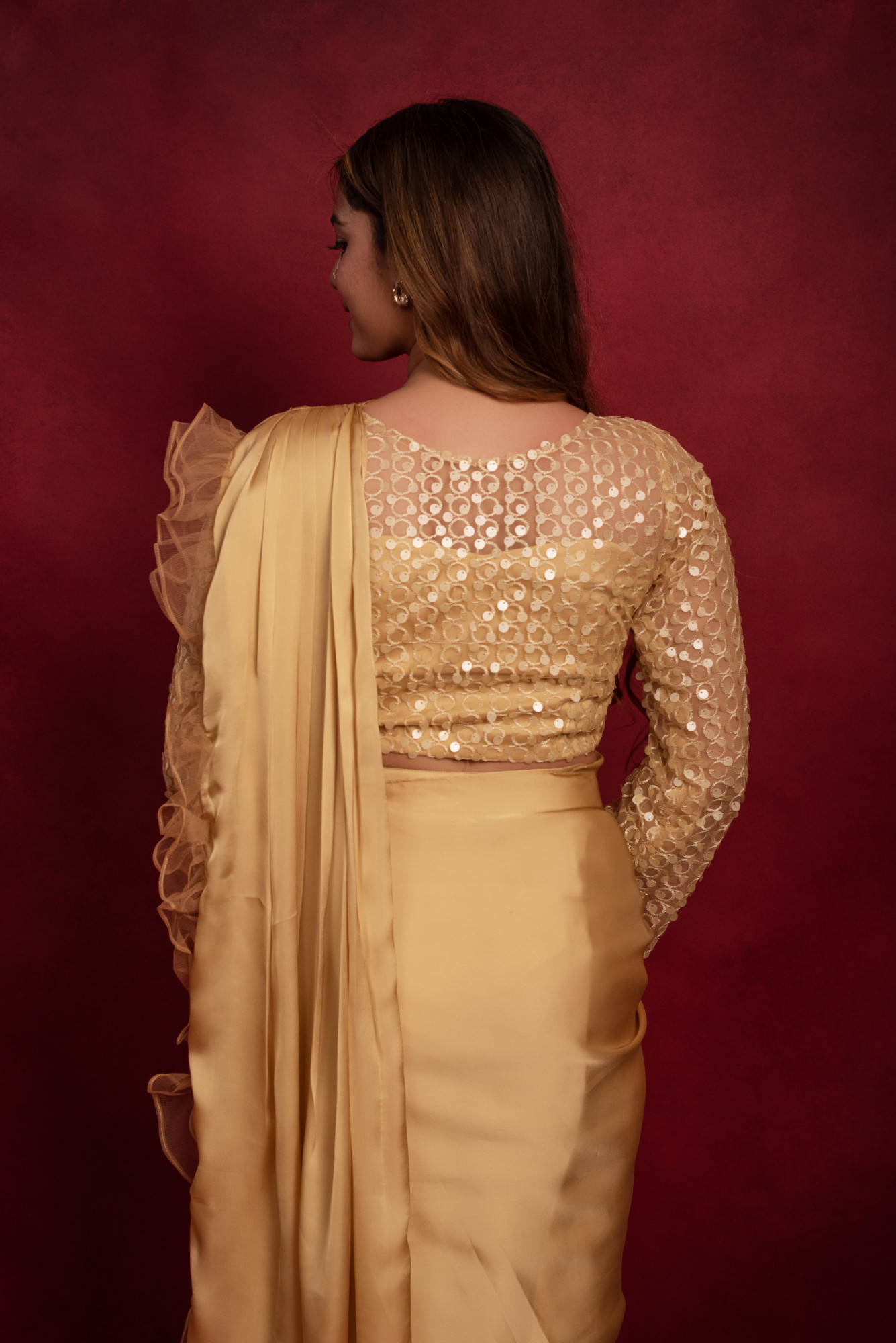 Death Valley Beige Frill Drape Saree Set