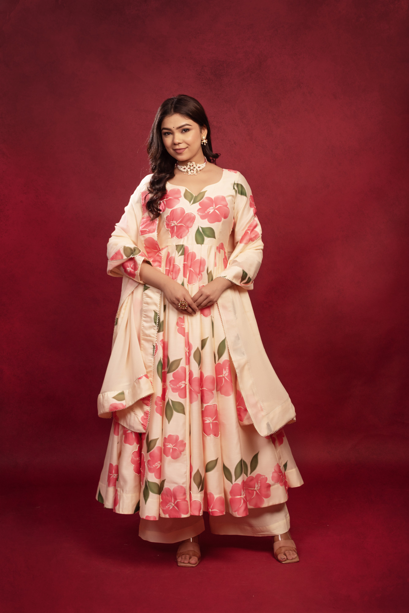 Beige Floral Hand Embroidered Anarklai Suit Set