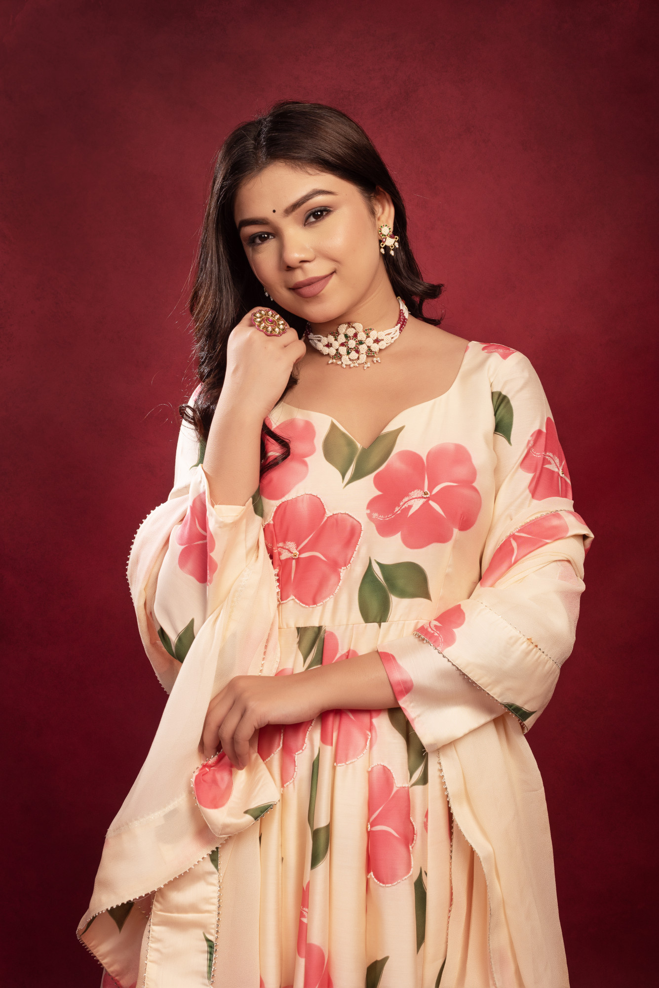Beige Floral Hand Embroidered Anarklai Suit Set