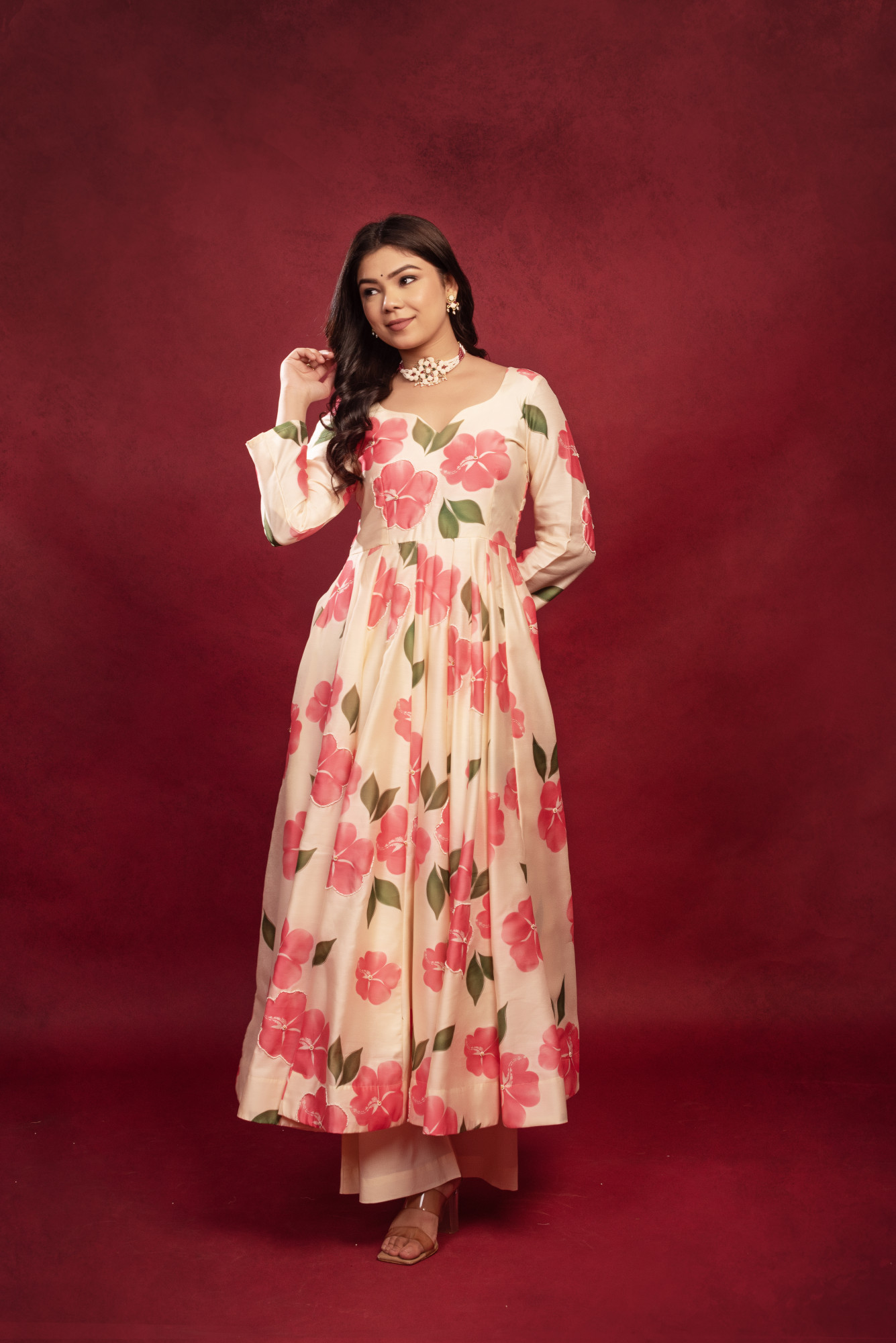 Beige Floral Hand Embroidered Anarklai Suit Set