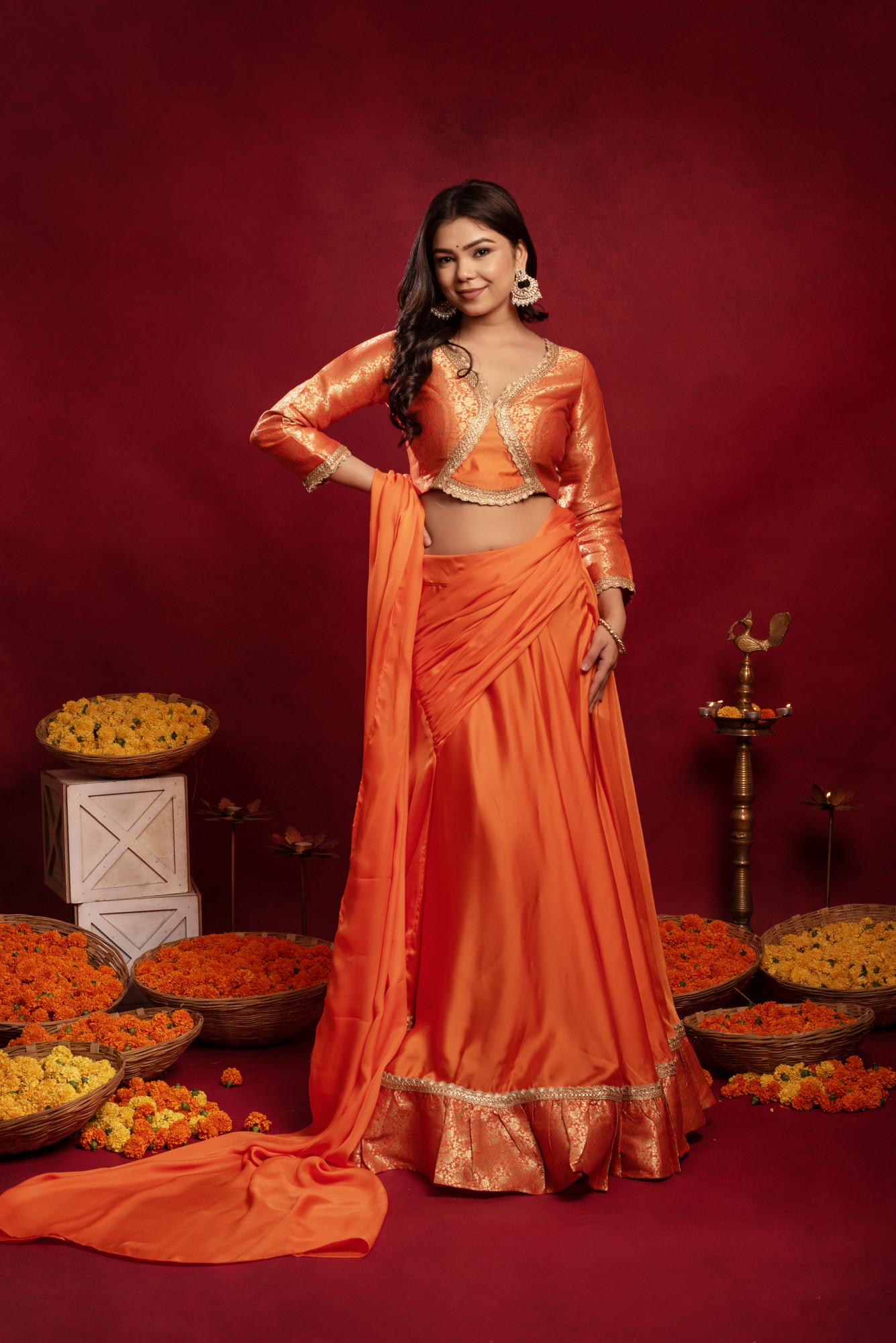 Orange Satin Ready to Drape Saree