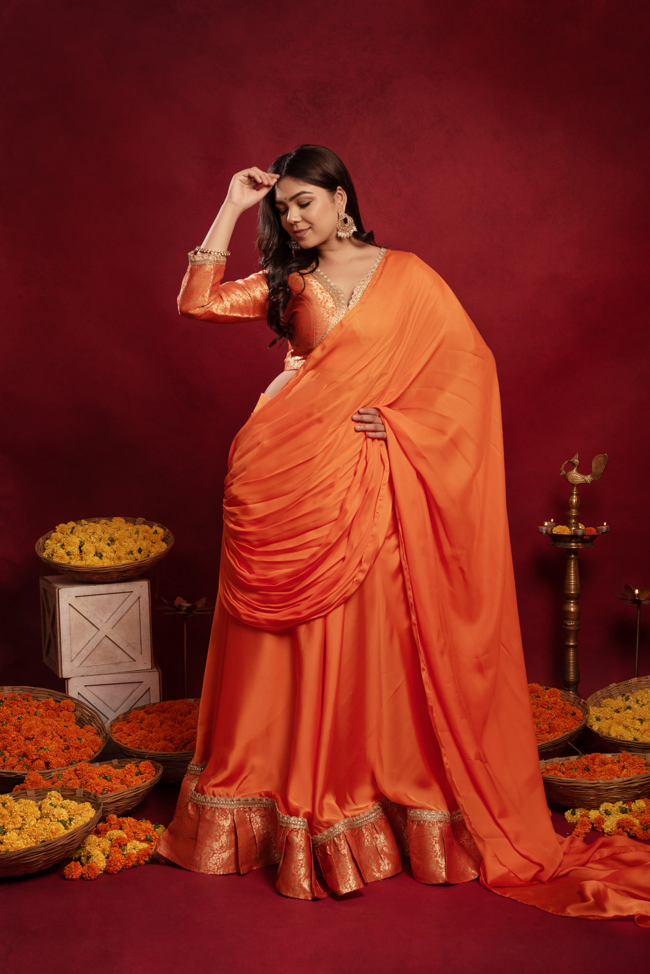 Orange Satin Ready to Drape Saree