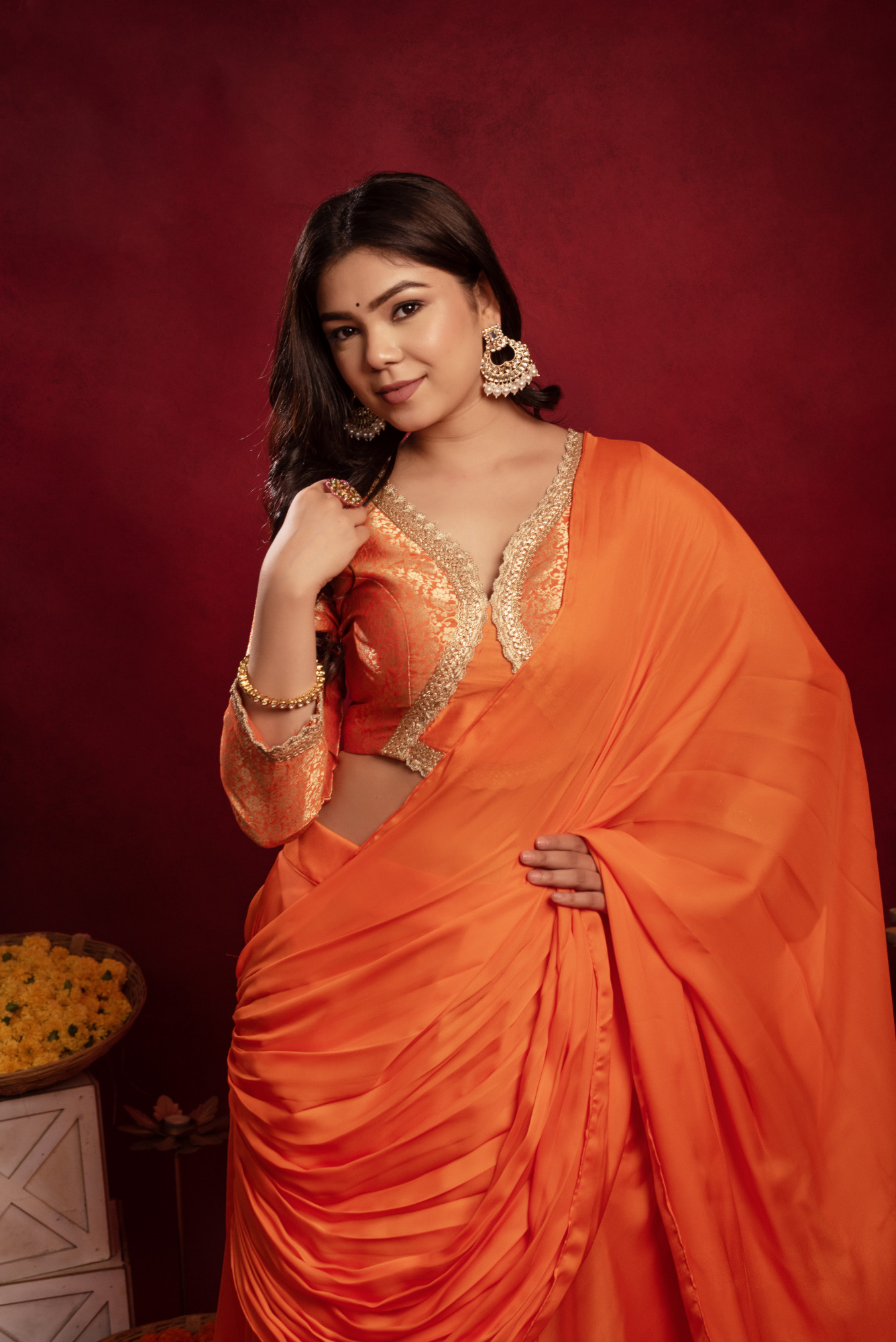 Orange Satin Ready to Drape Saree