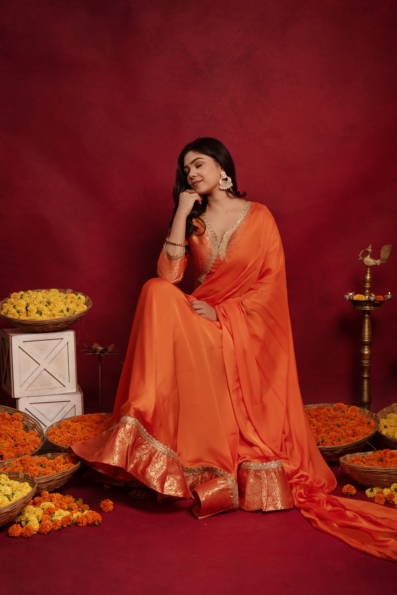 Orange Satin Ready to Drape Saree