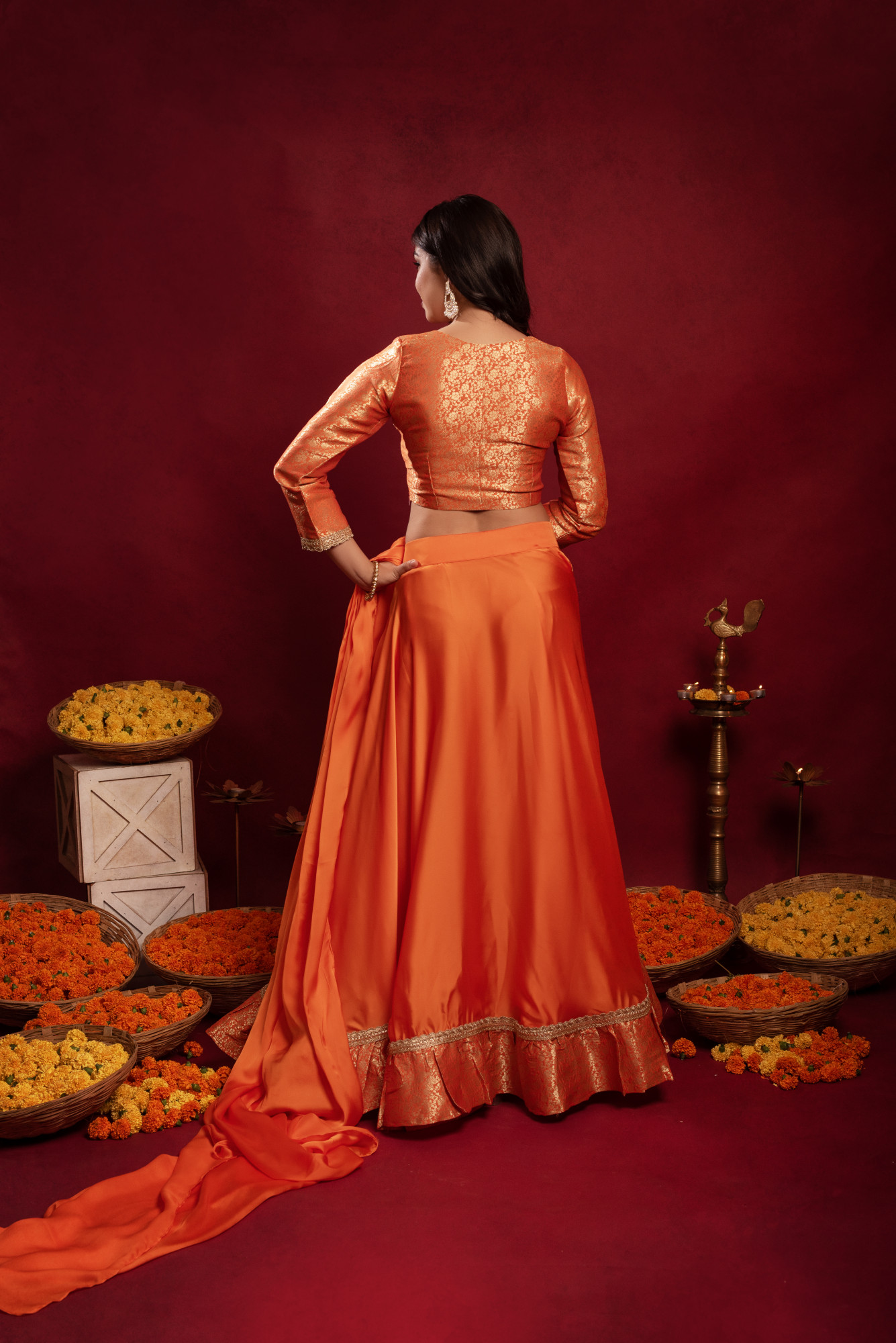Orange Satin Ready to Drape Saree