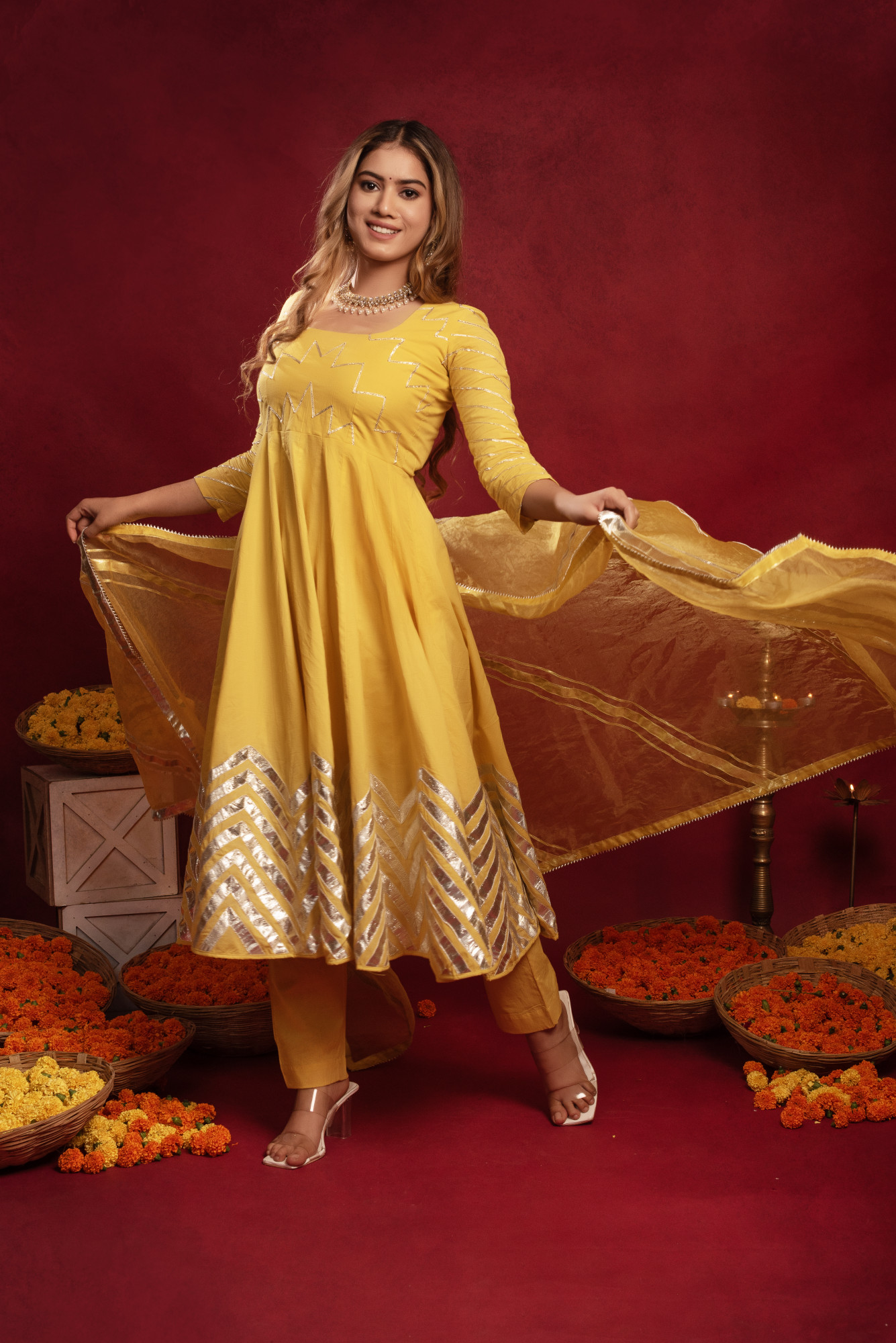 Lemon Yellow Gotta Patti Anarkali Suit Set