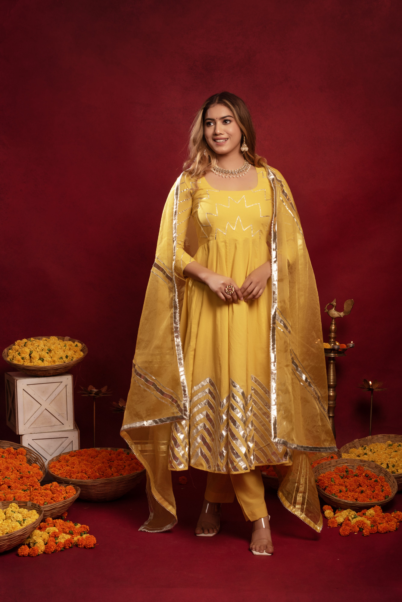 Lemon Yellow Gotta Patti Anarkali Suit Set