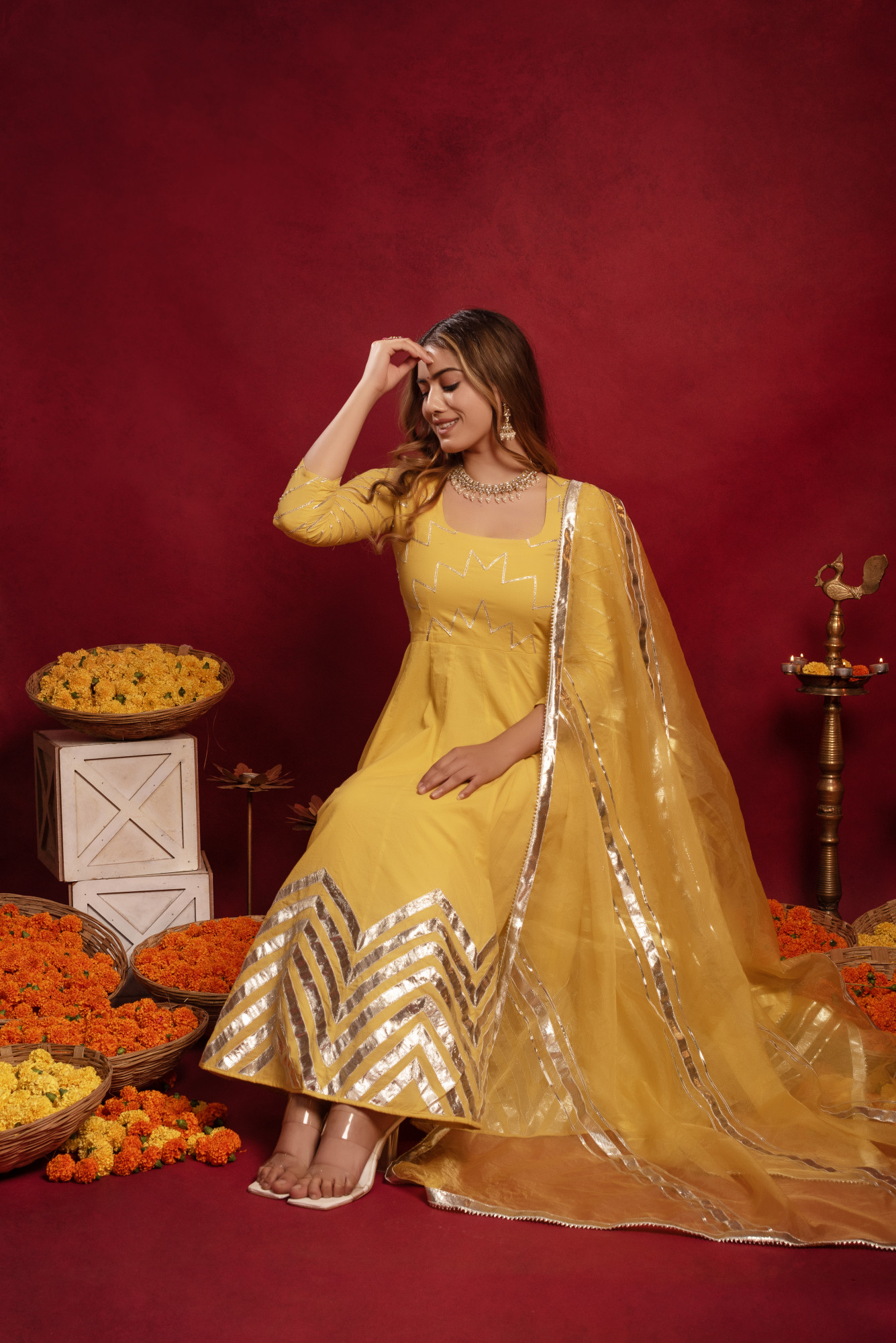 Lemon Yellow Gotta Patti Anarkali Suit Set