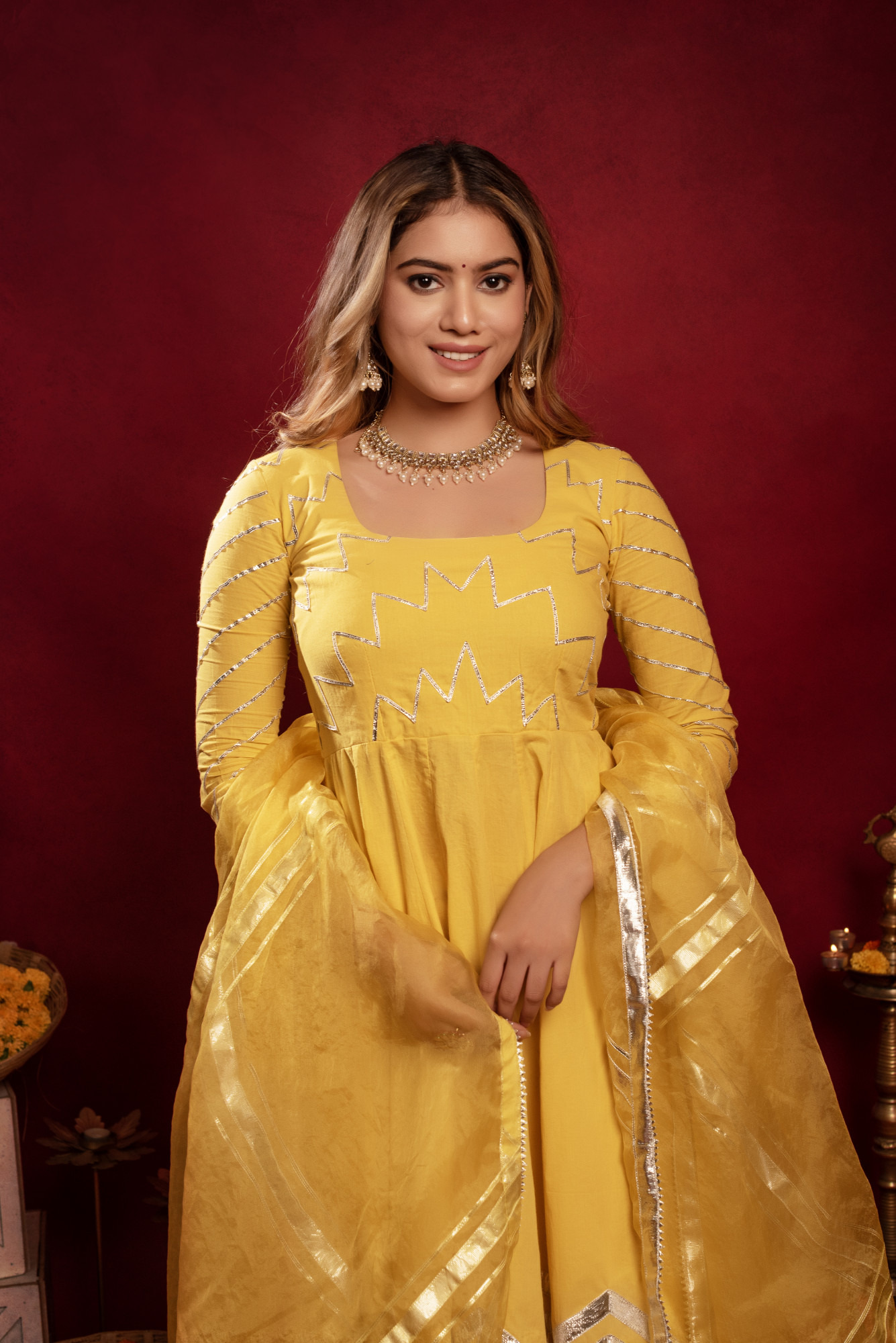 Lemon Yellow Gotta Patti Anarkali Suit Set