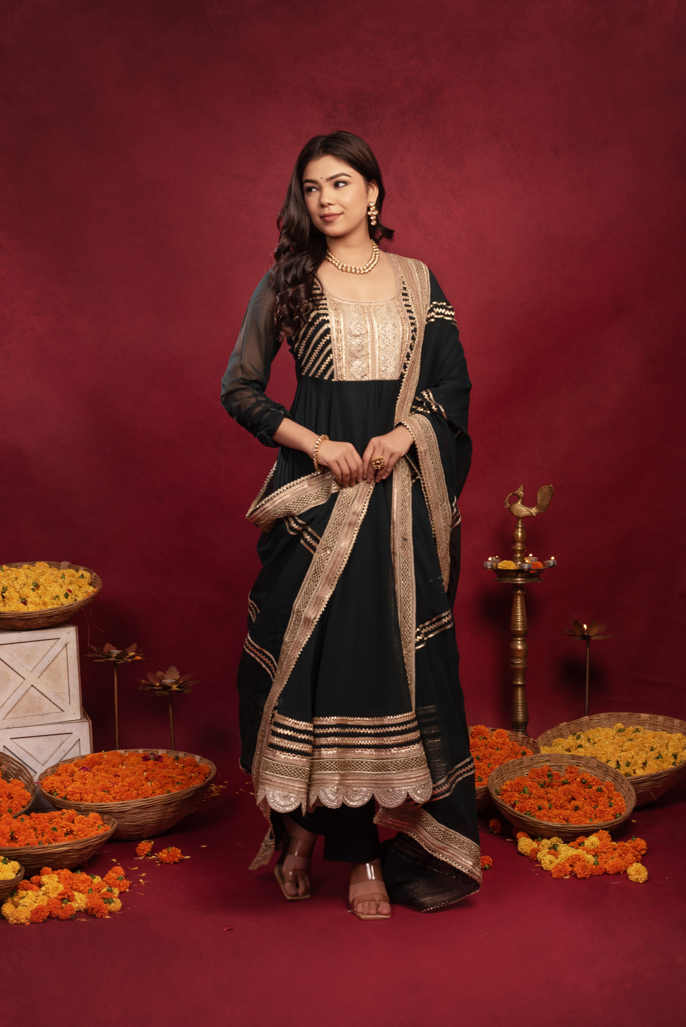 Forest Green Georgette Gotta Patti Anarkali Suit Set