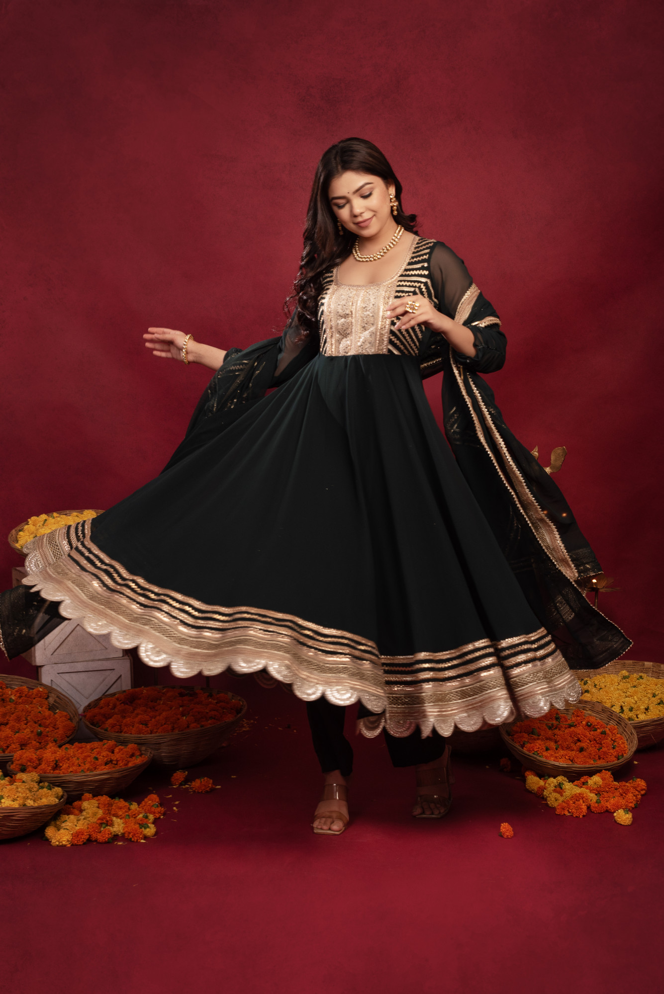 Forest Green Georgette Gotta Patti Anarkali Suit Set