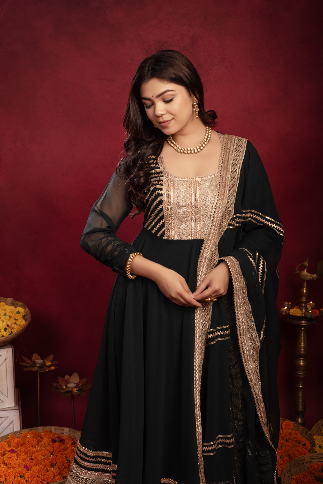 Forest Green Georgette Gotta Patti Anarkali Suit Set