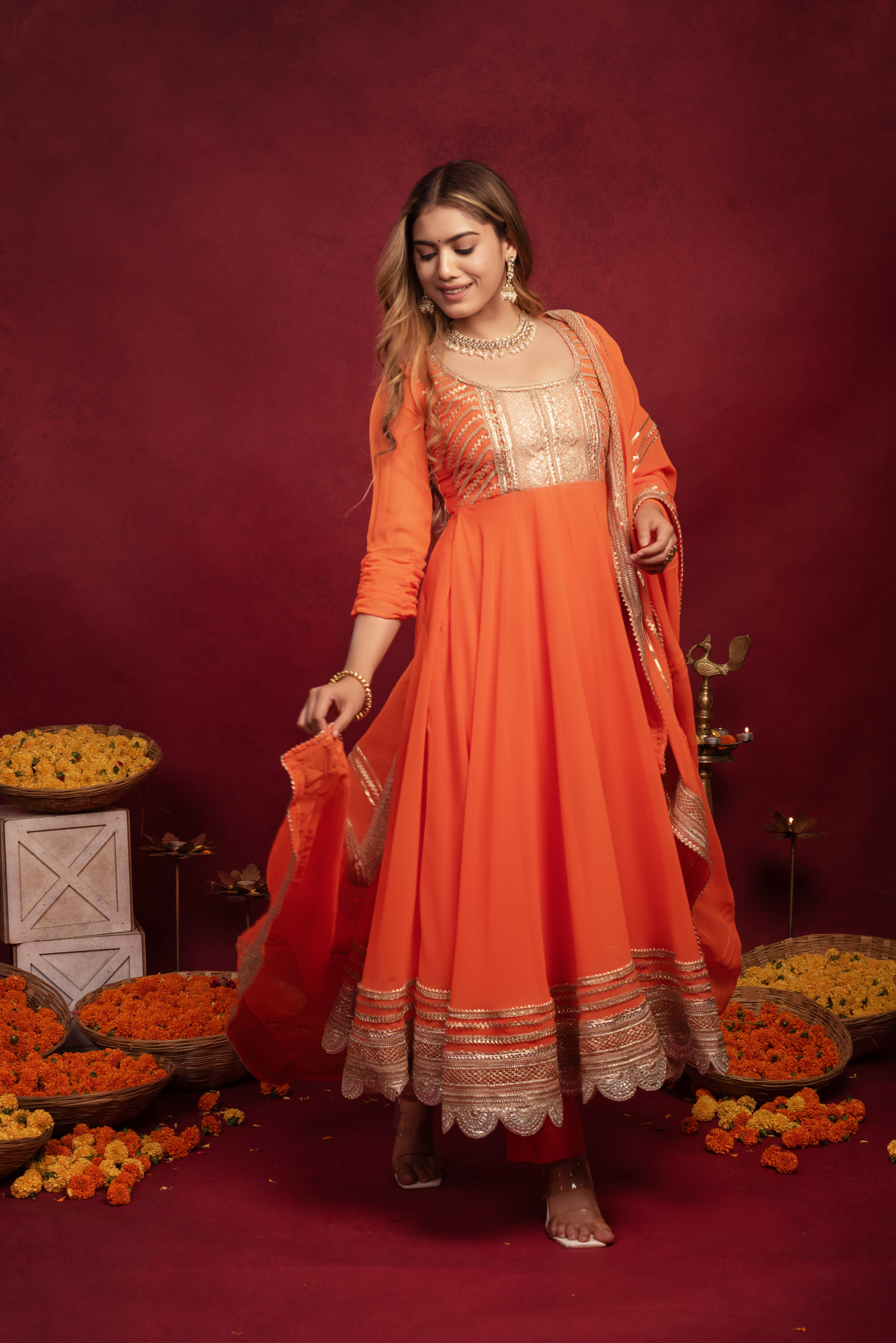 Orange Georgette Gottapatti Anarkali Suit Set