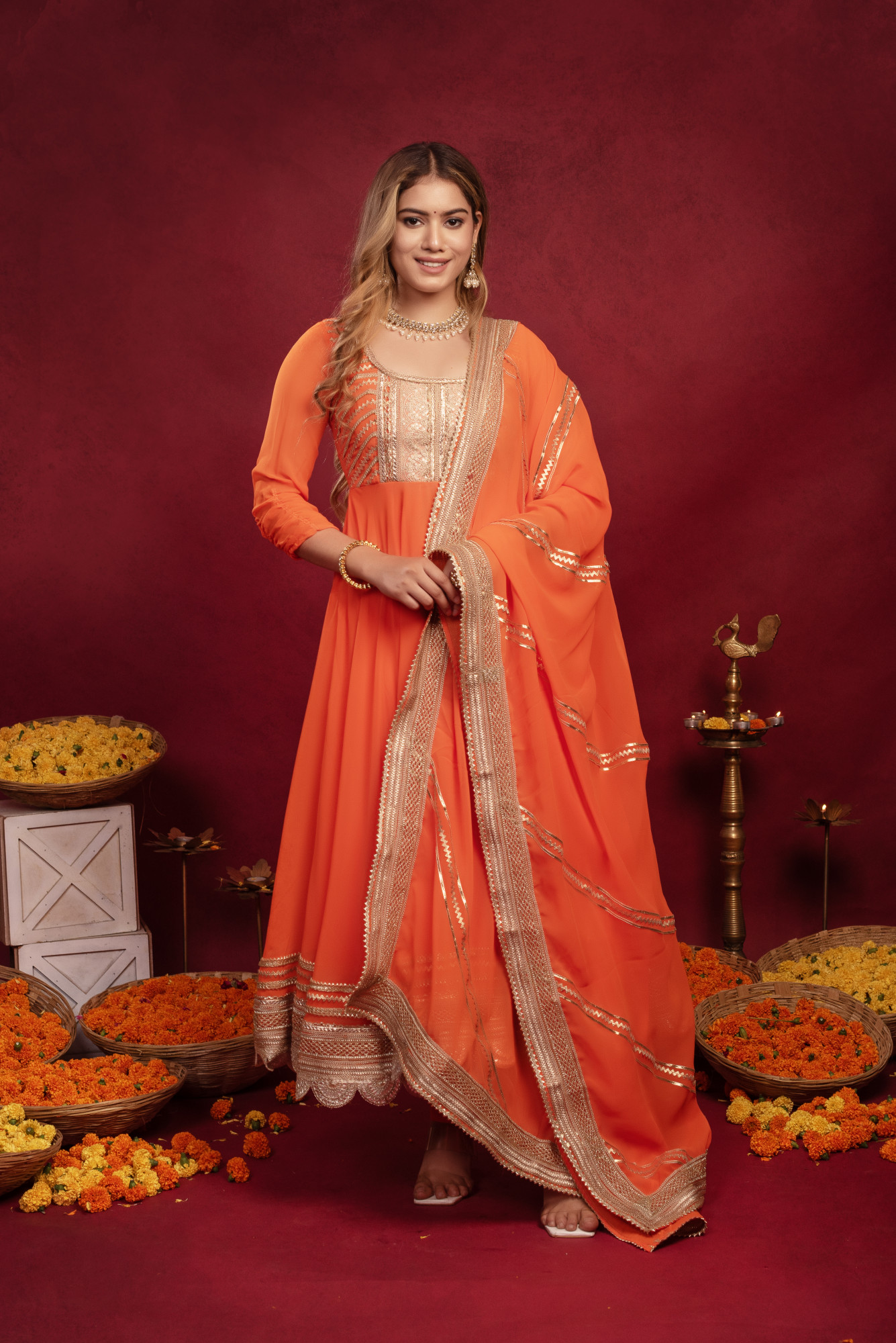 Orange Georgette Gottapatti Anarkali Suit Set