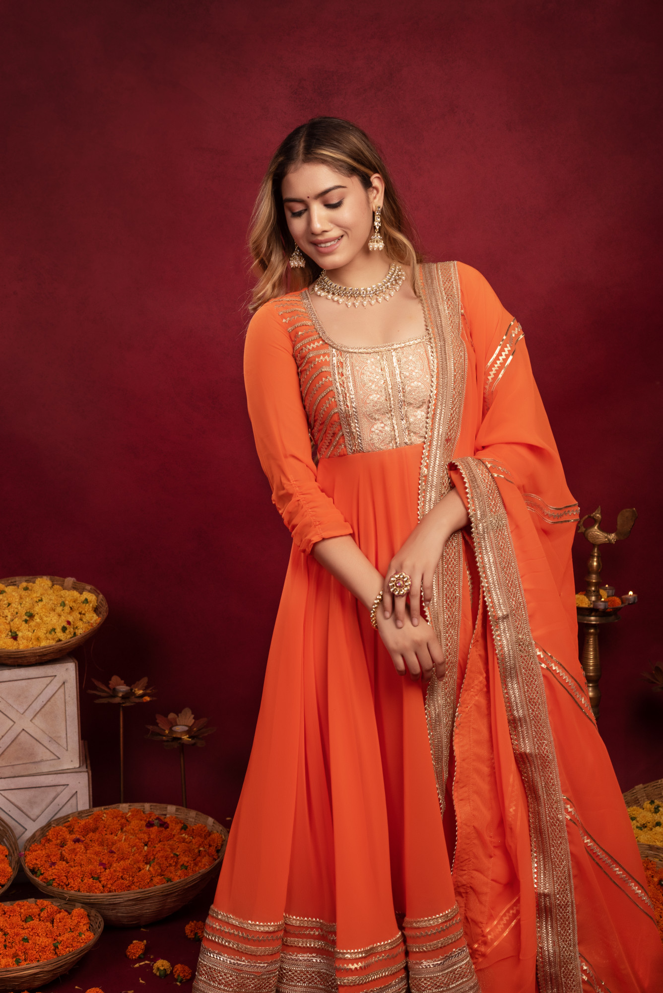Orange Georgette Gottapatti Anarkali Suit Set