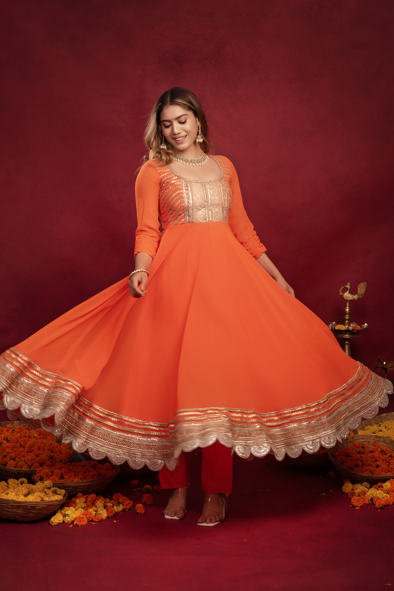 Orange Georgette Gottapatti Anarkali Suit Set