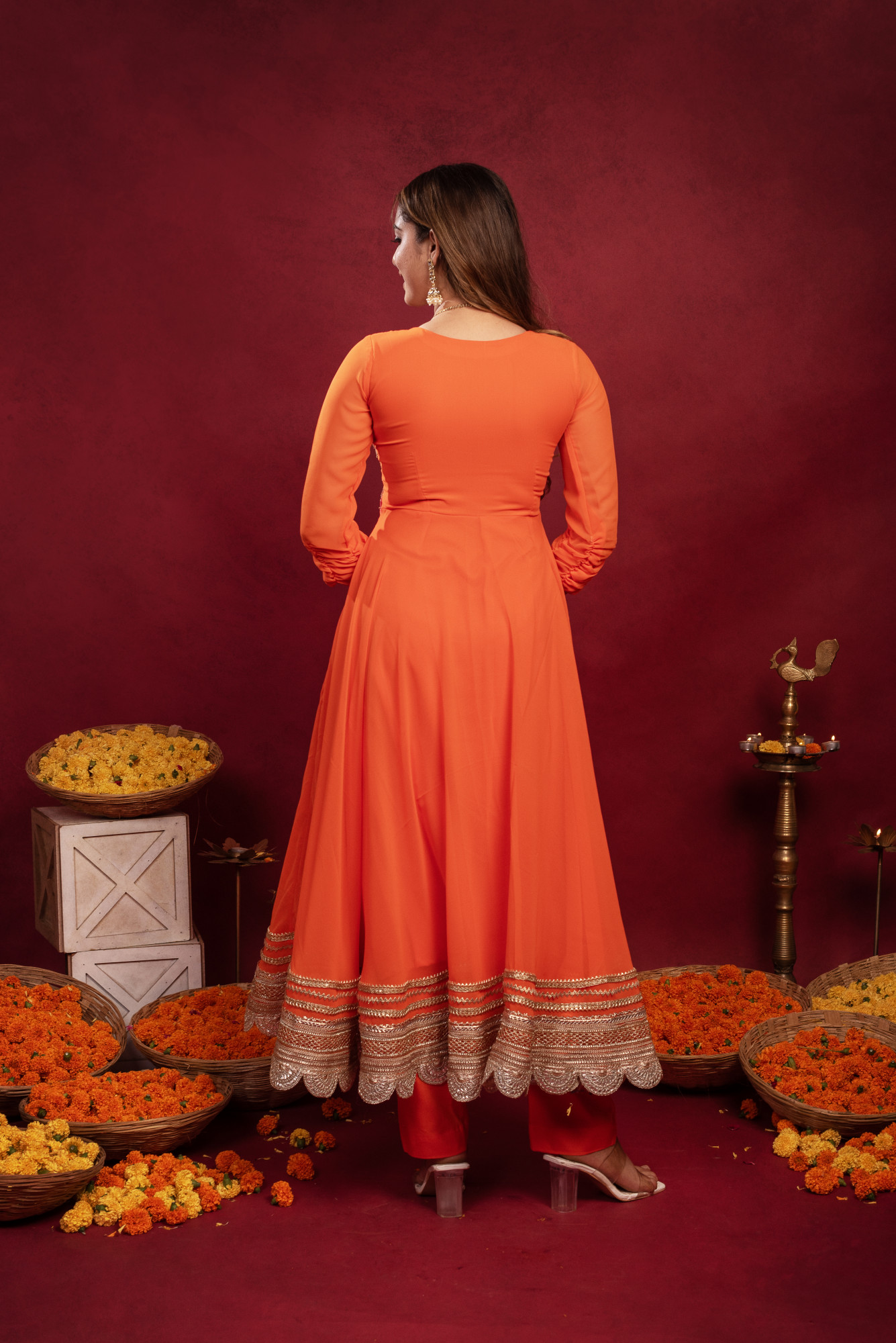 Orange Georgette Gottapatti Anarkali Suit Set