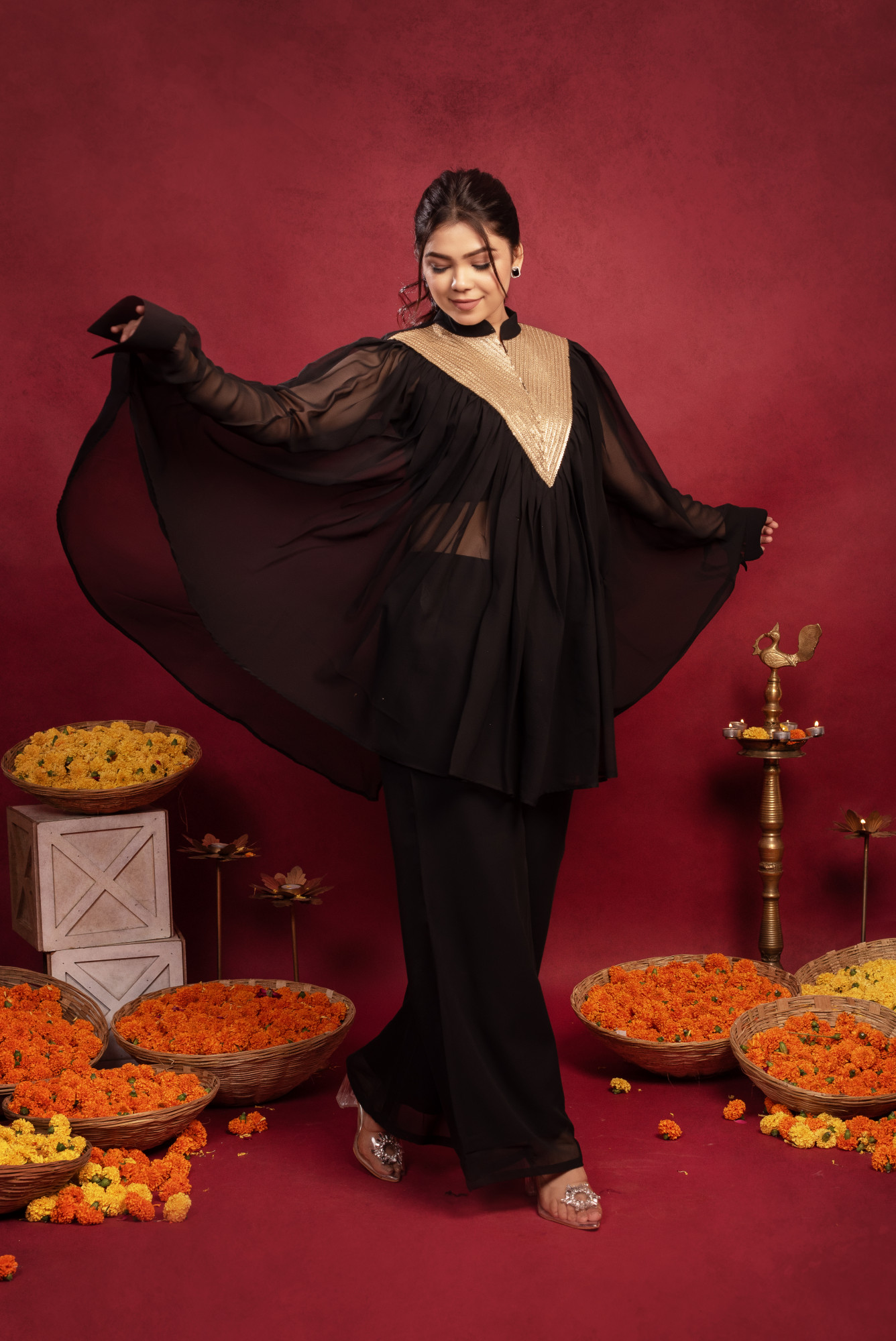 Black Georgette Embellished Cordset