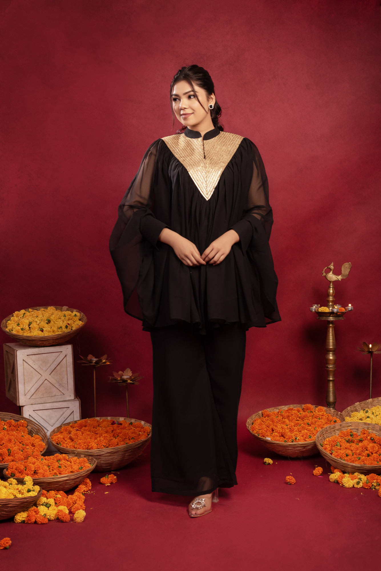 Black Georgette Embellished Cordset