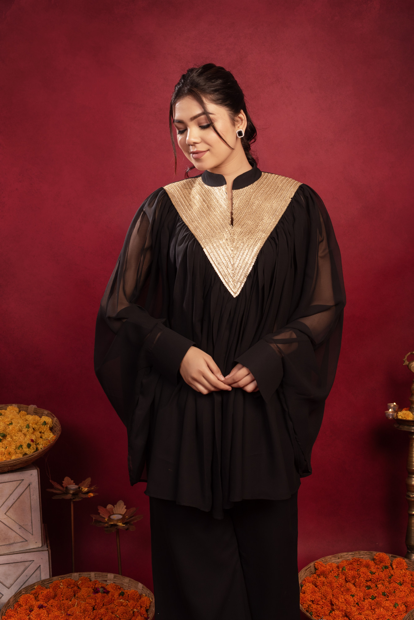 Black Georgette Embellished Cordset