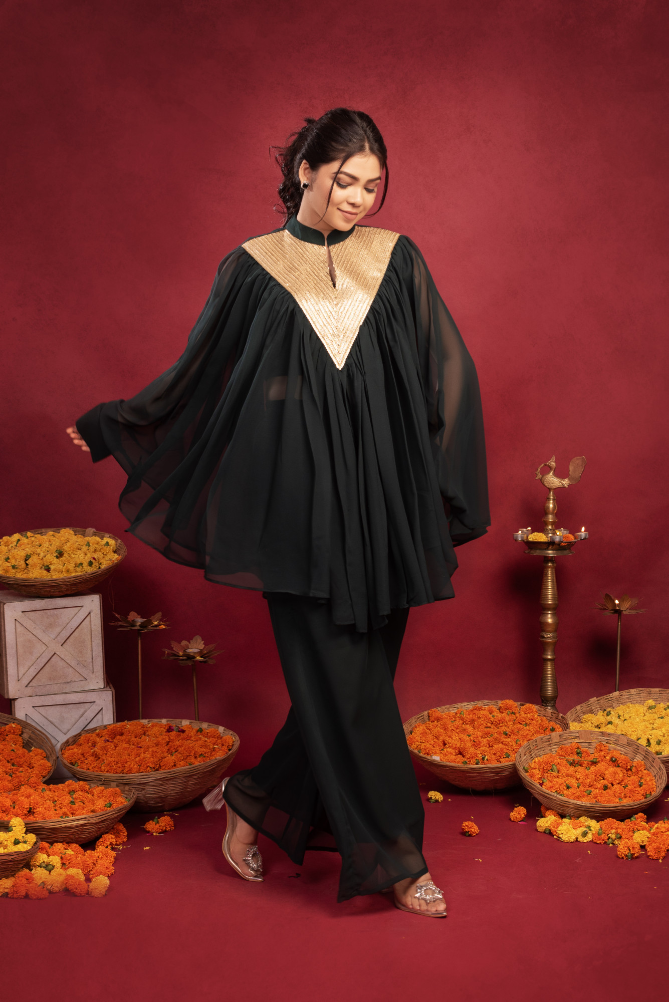 Dark Green Georgette Embellished Cordset