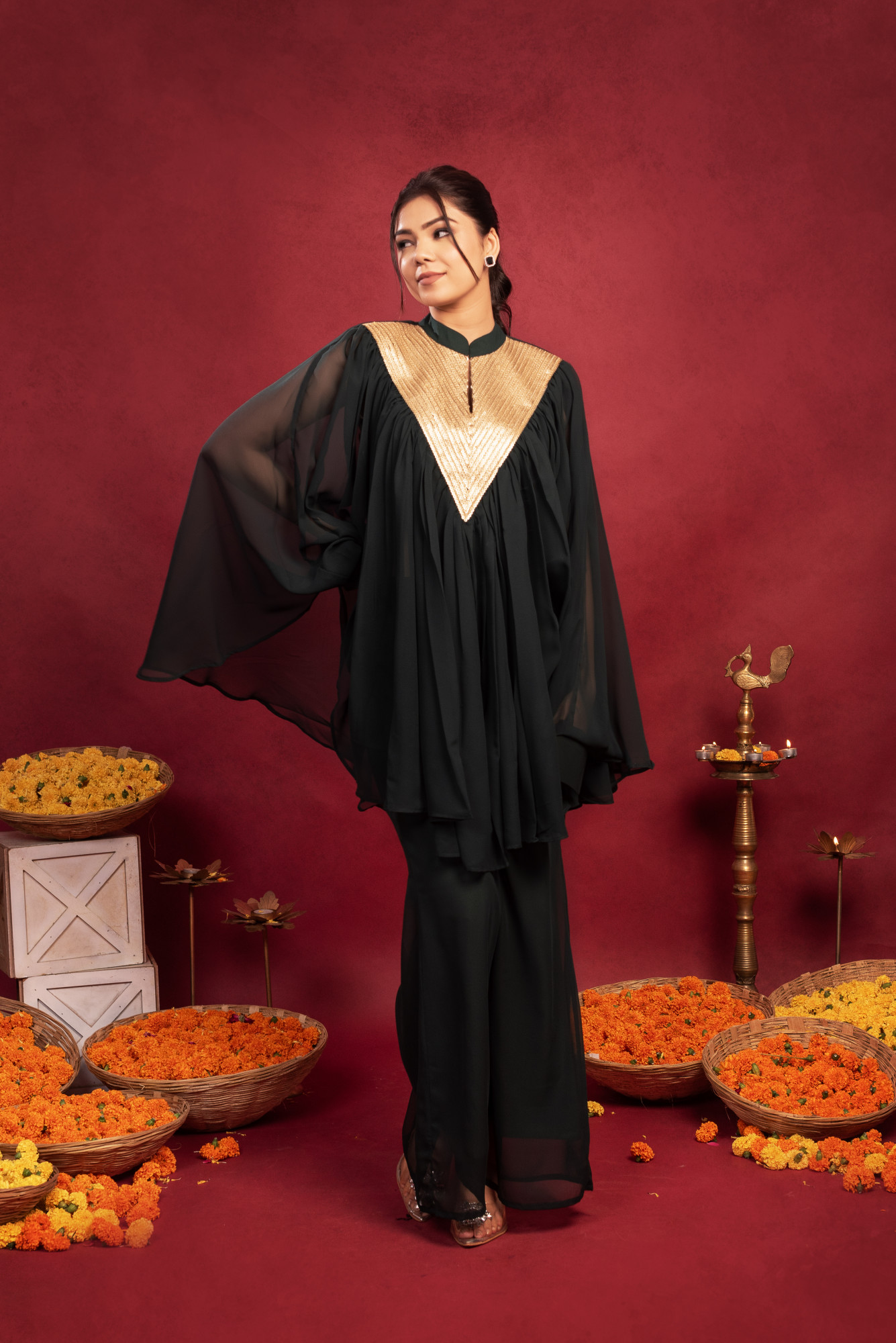 Dark Green Georgette Embellished Cordset