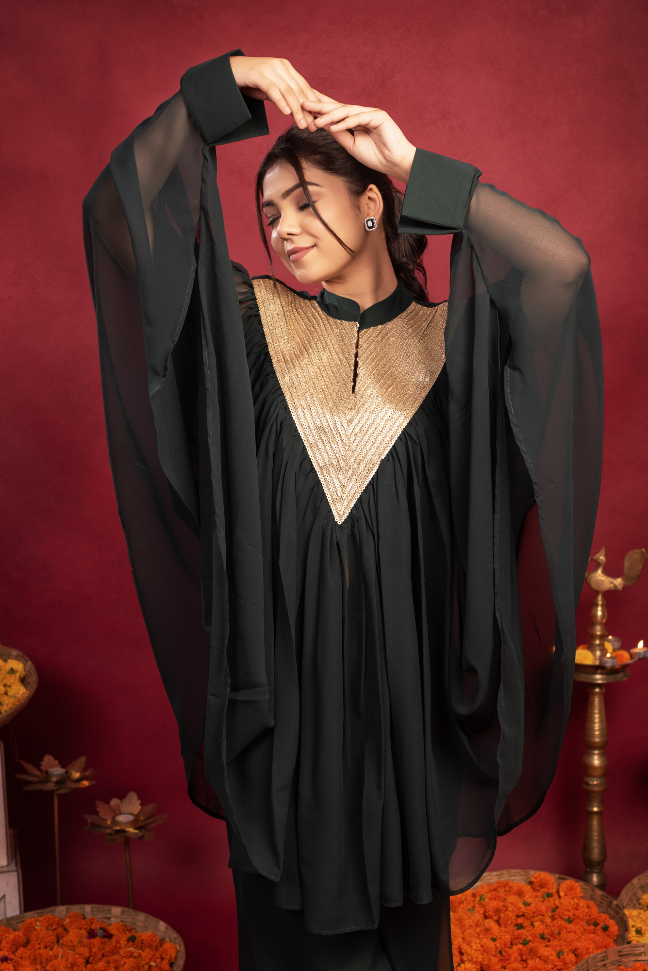 Dark Green Georgette Embellished Cordset