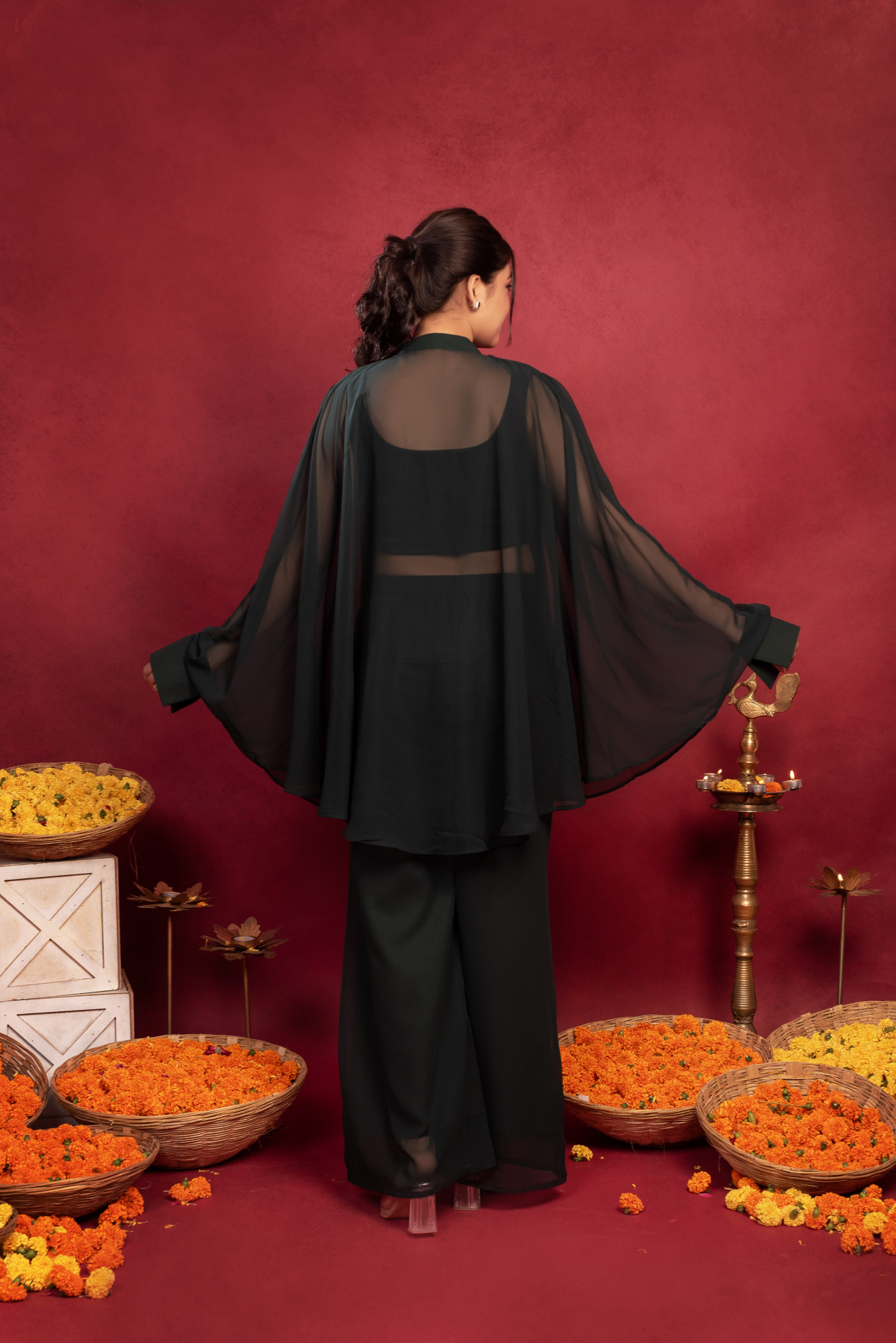 Dark Green Georgette Embellished Cordset