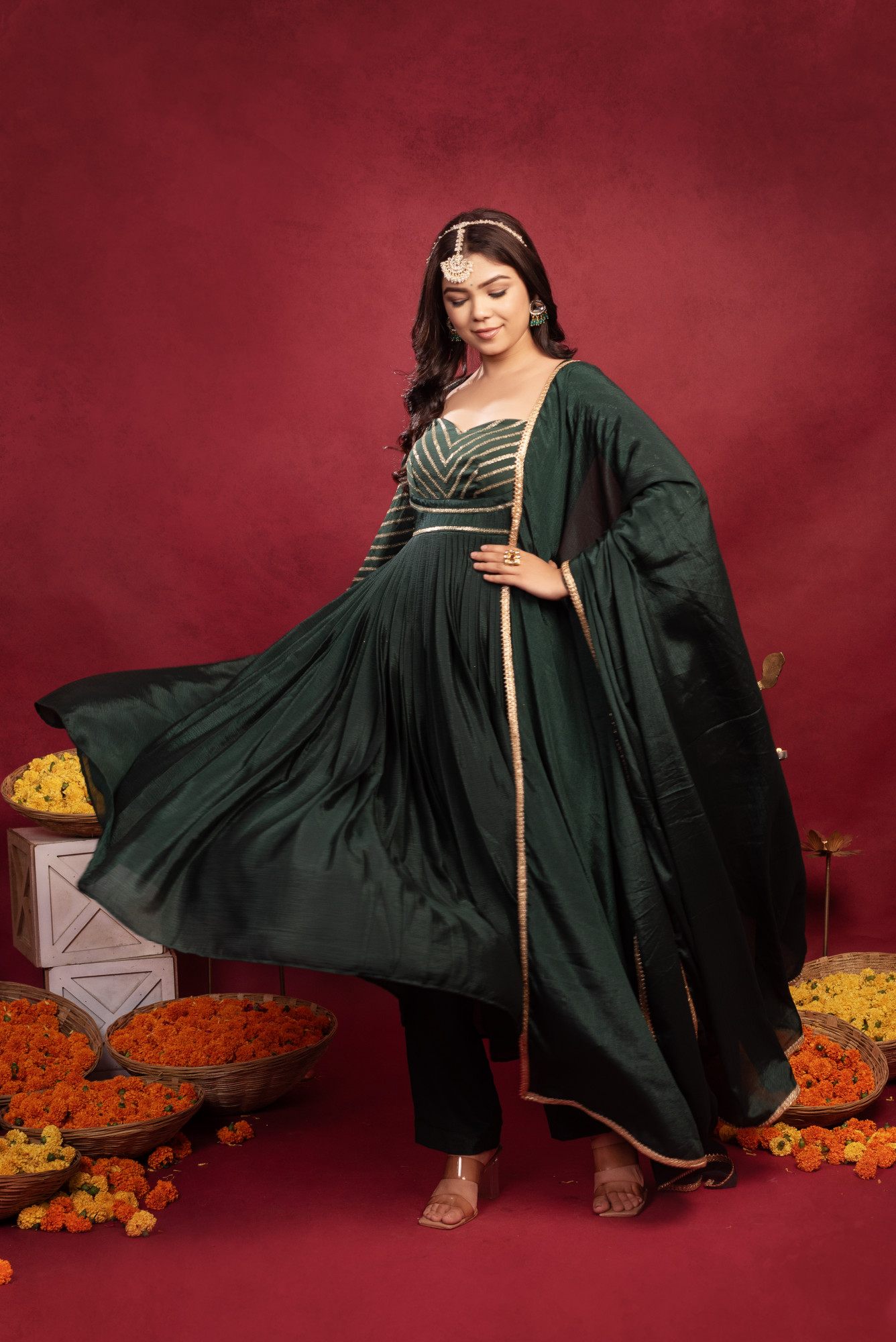 Bottle Green Chinon Sequin Anarkali Suit Set