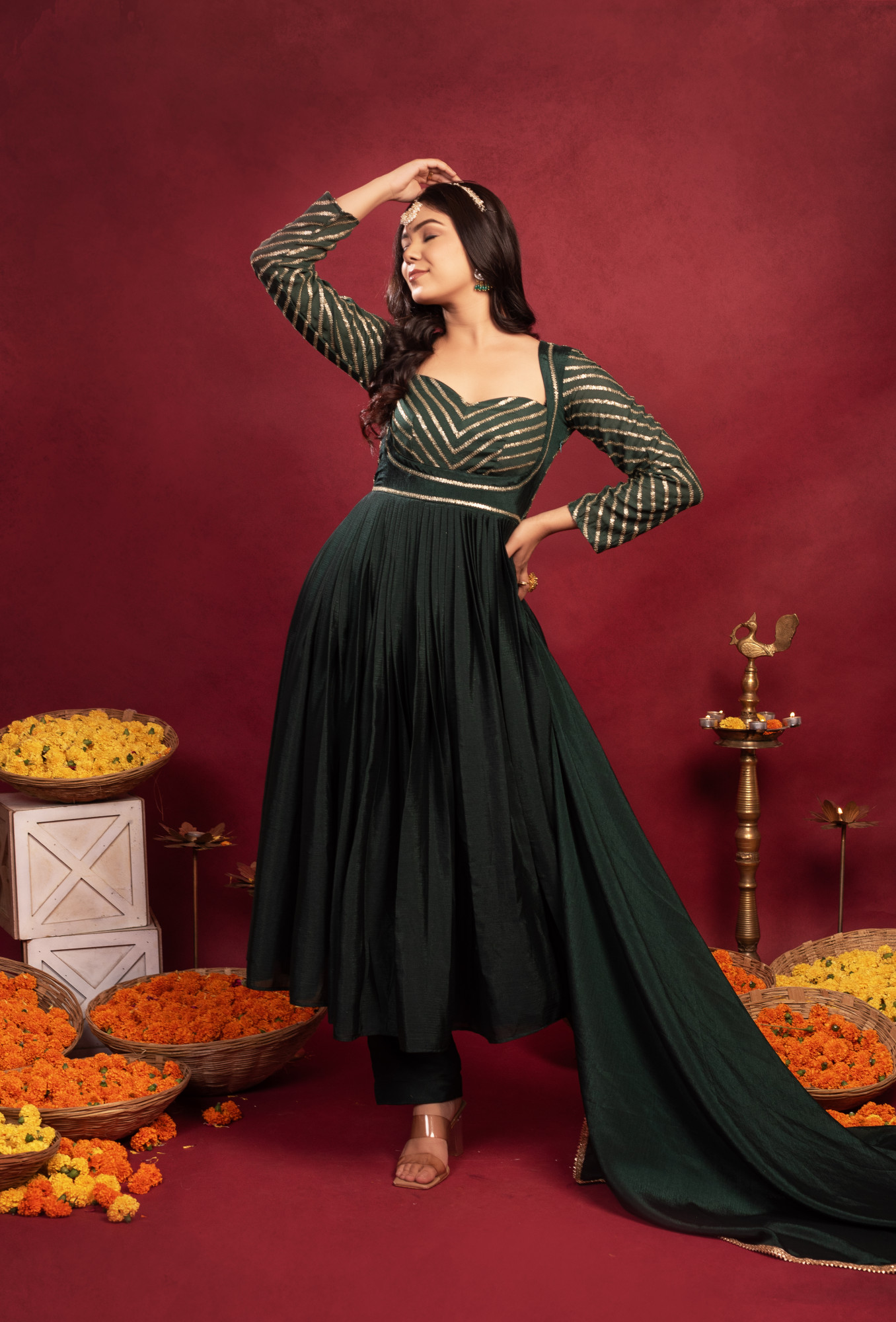 Bottle Green Chinon Sequin Anarkali Suit Set