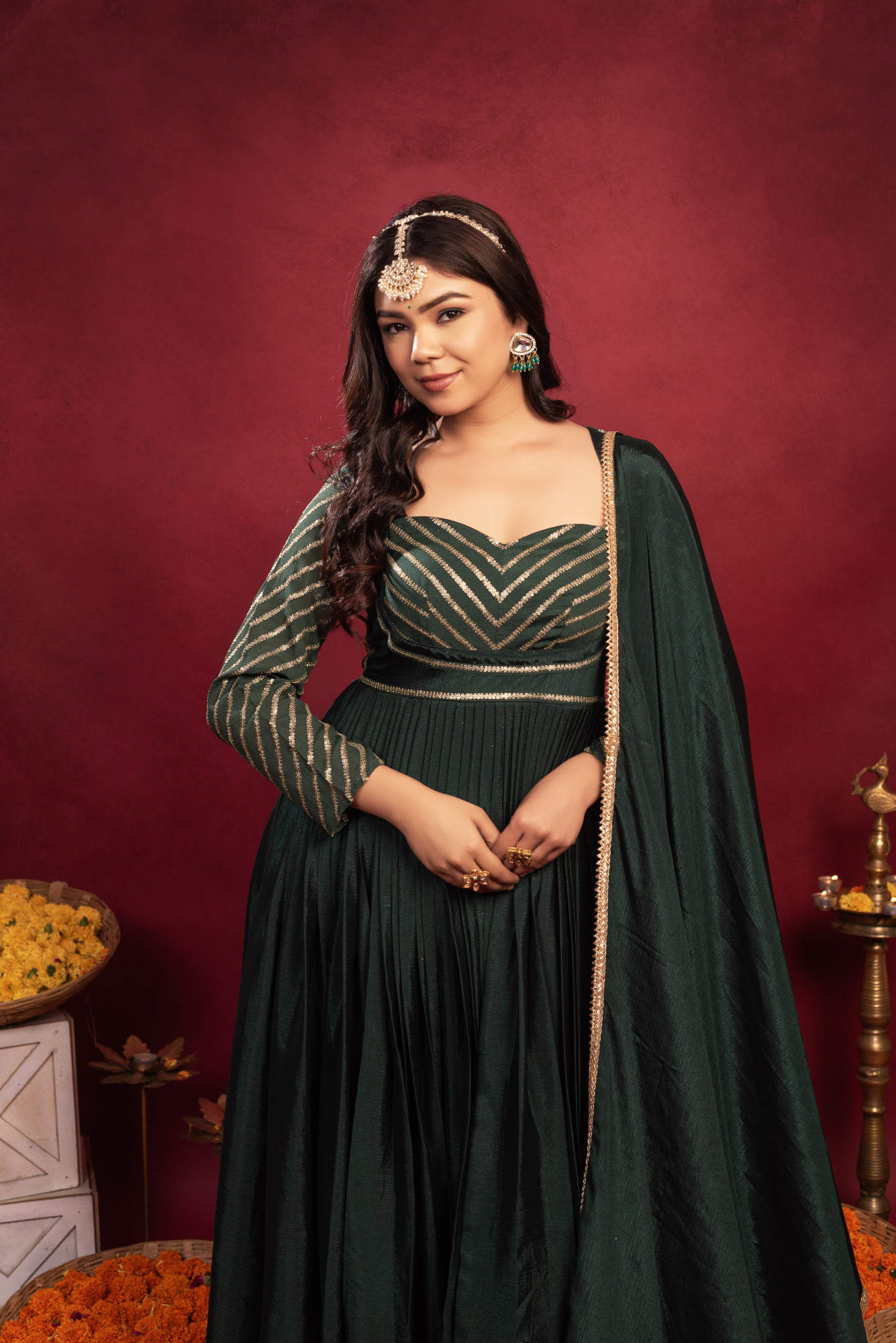 Bottle Green Chinon Sequin Anarkali Suit Set